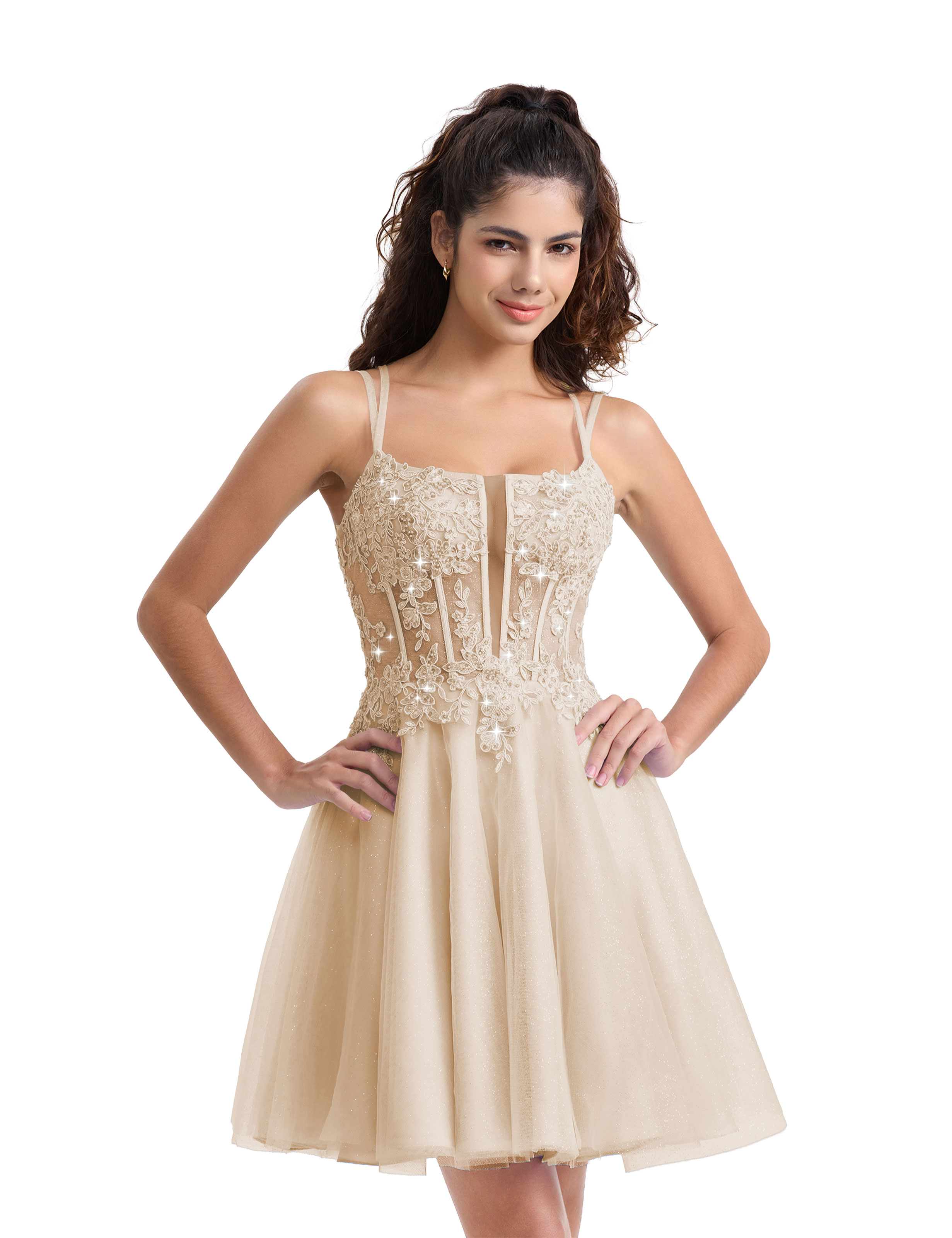 A-line Spaghetti Strap Tulle Lace Appliques Cocktail Homecoming Dress #HC2402129