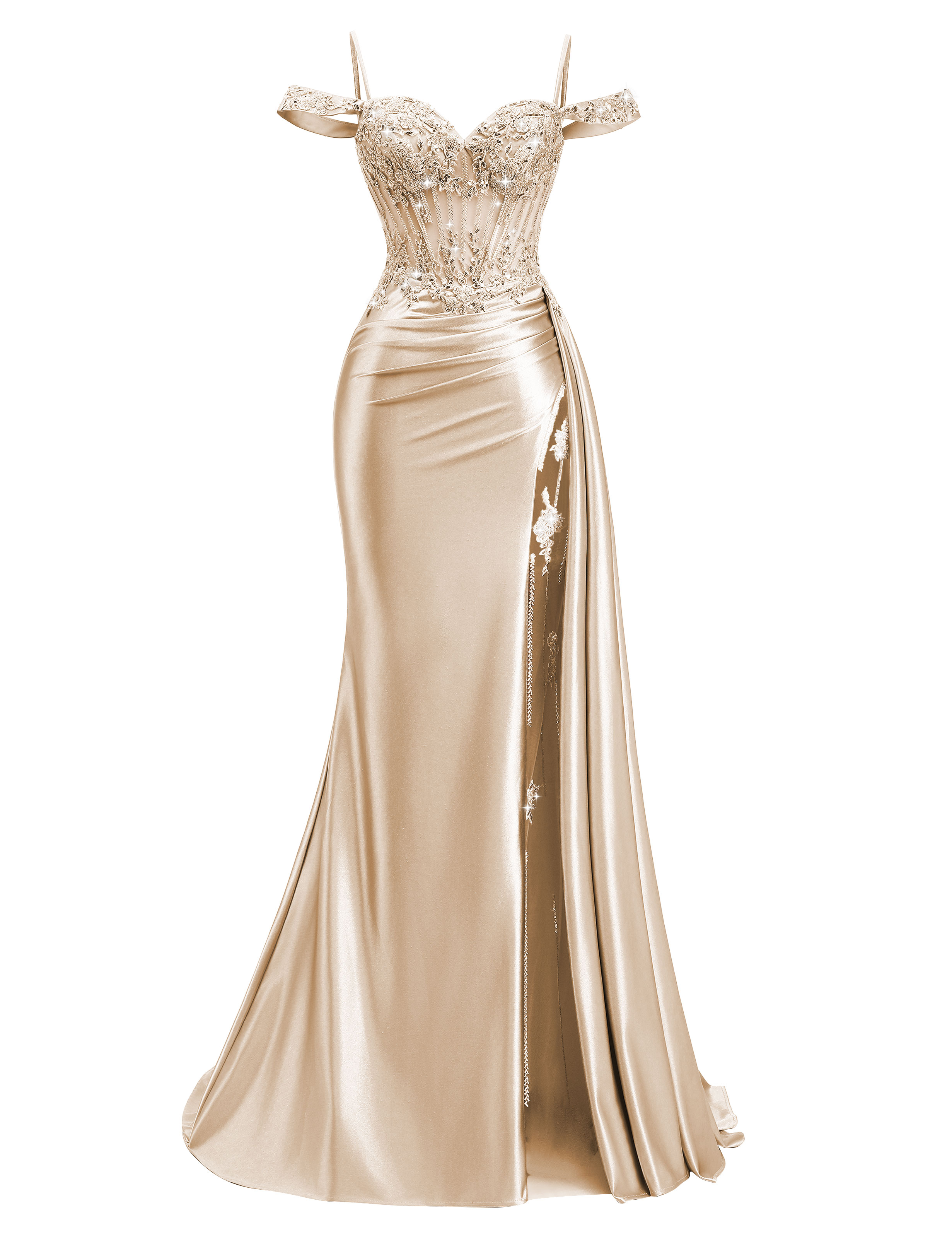 Mermaid Off Shoulder Beaded Sequin Appliques Satin Slit Prom Dress #PR2510009