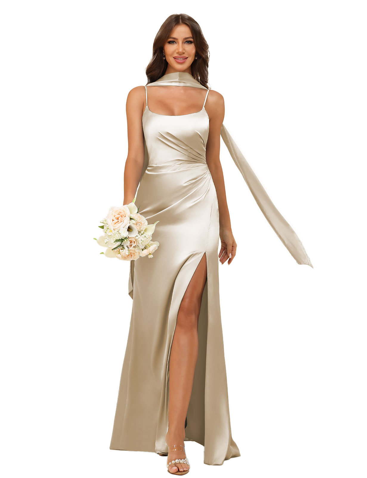 Mermaid U-neck Spaghetti Straps Satin Silt Bridesmaid Dress #BM2507145