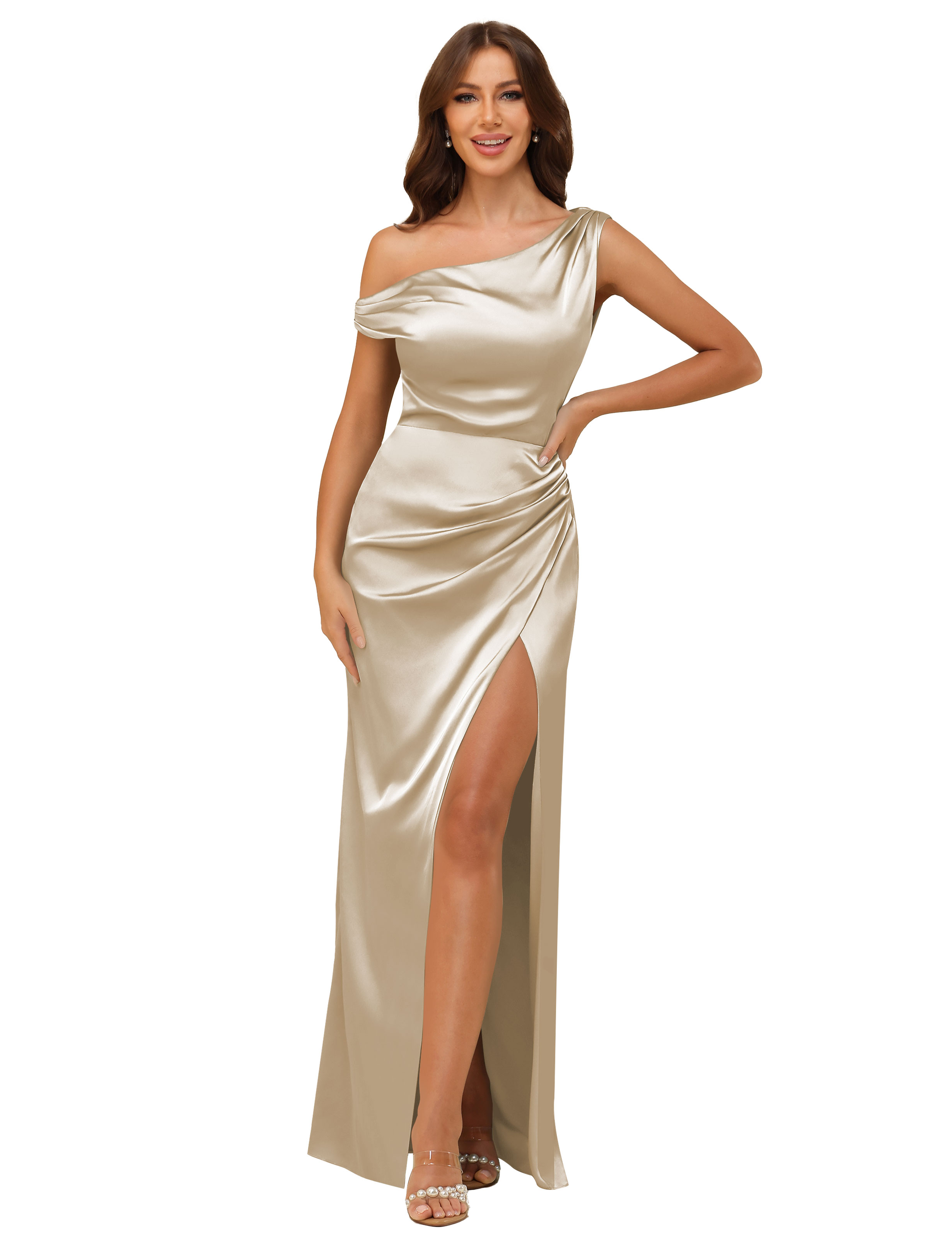 Sheath One Shoulder Satin Silt Side Zip Bridesmaid Dress #BM2507059