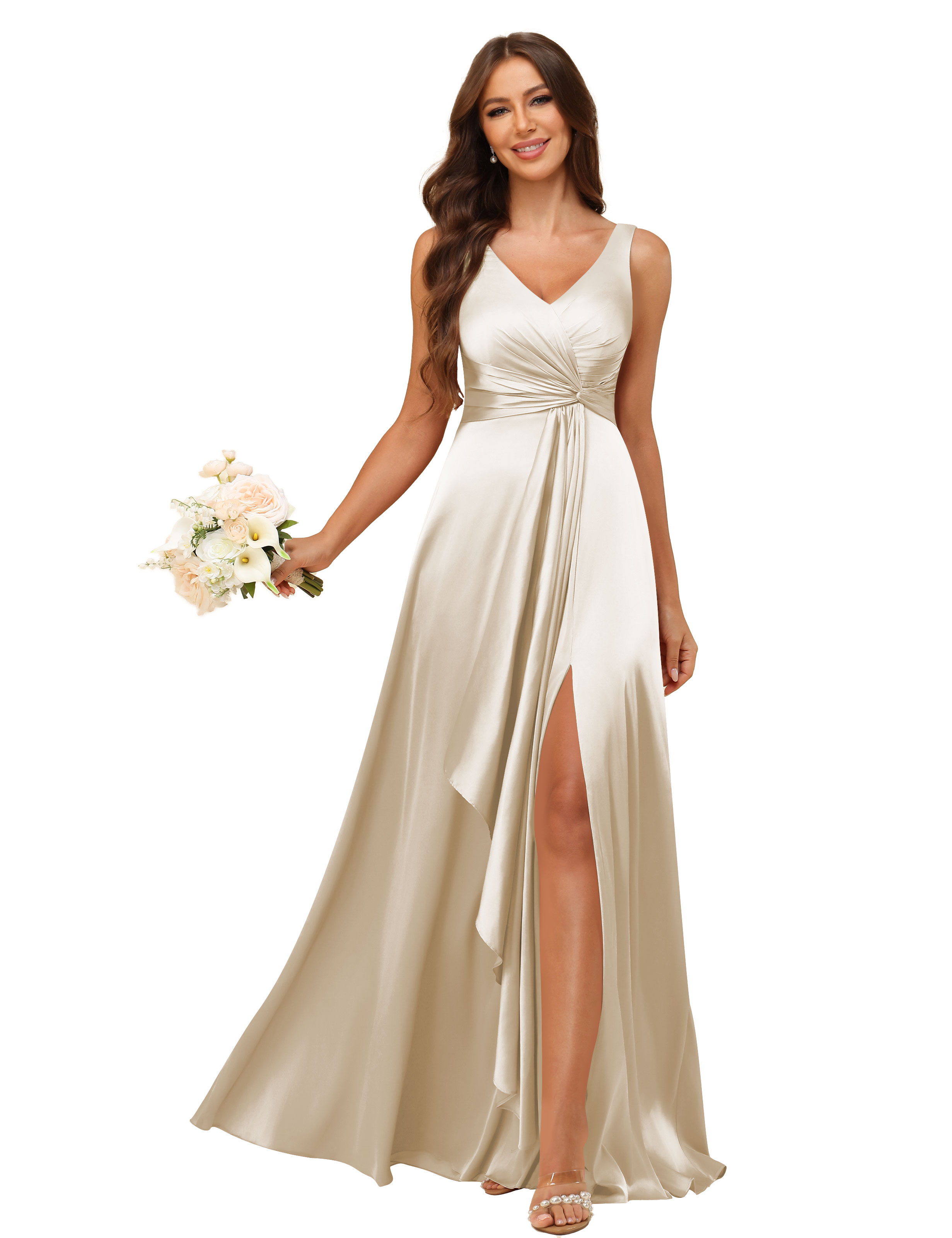 A-line V-neck Straps Satin Silt Lace Up Bridesmaid Dress #BM2507147