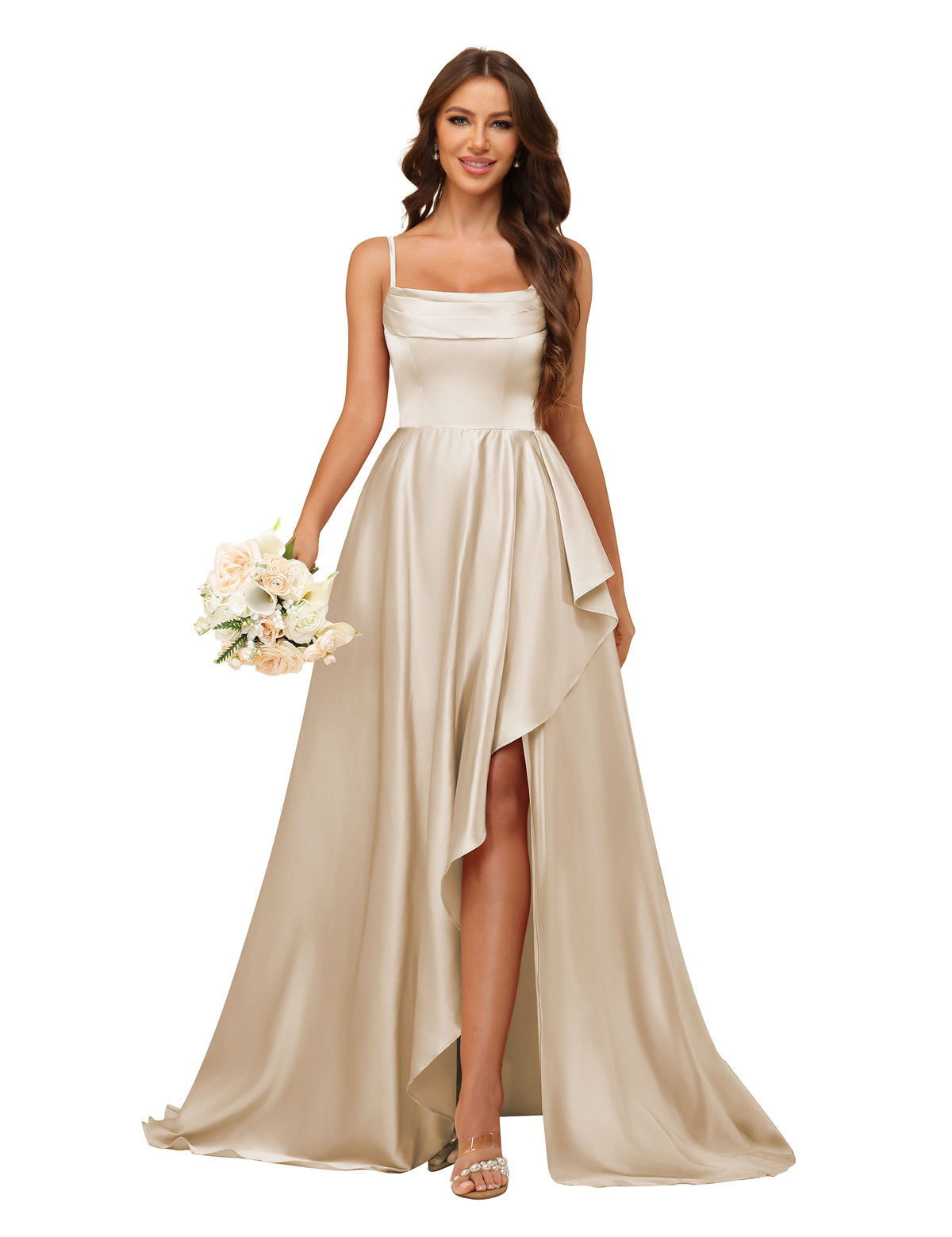 A-line U-neck Spaghetti Straps Satin Silt Bridesmaid Dress #BM2507213