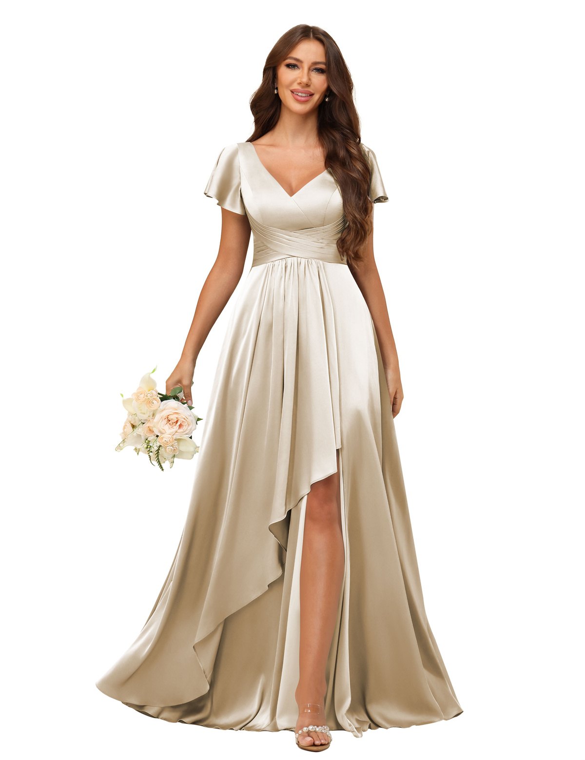 A-line V-neck Short Sleeves Satin Silt Bridesmaid Dress #BM2508022