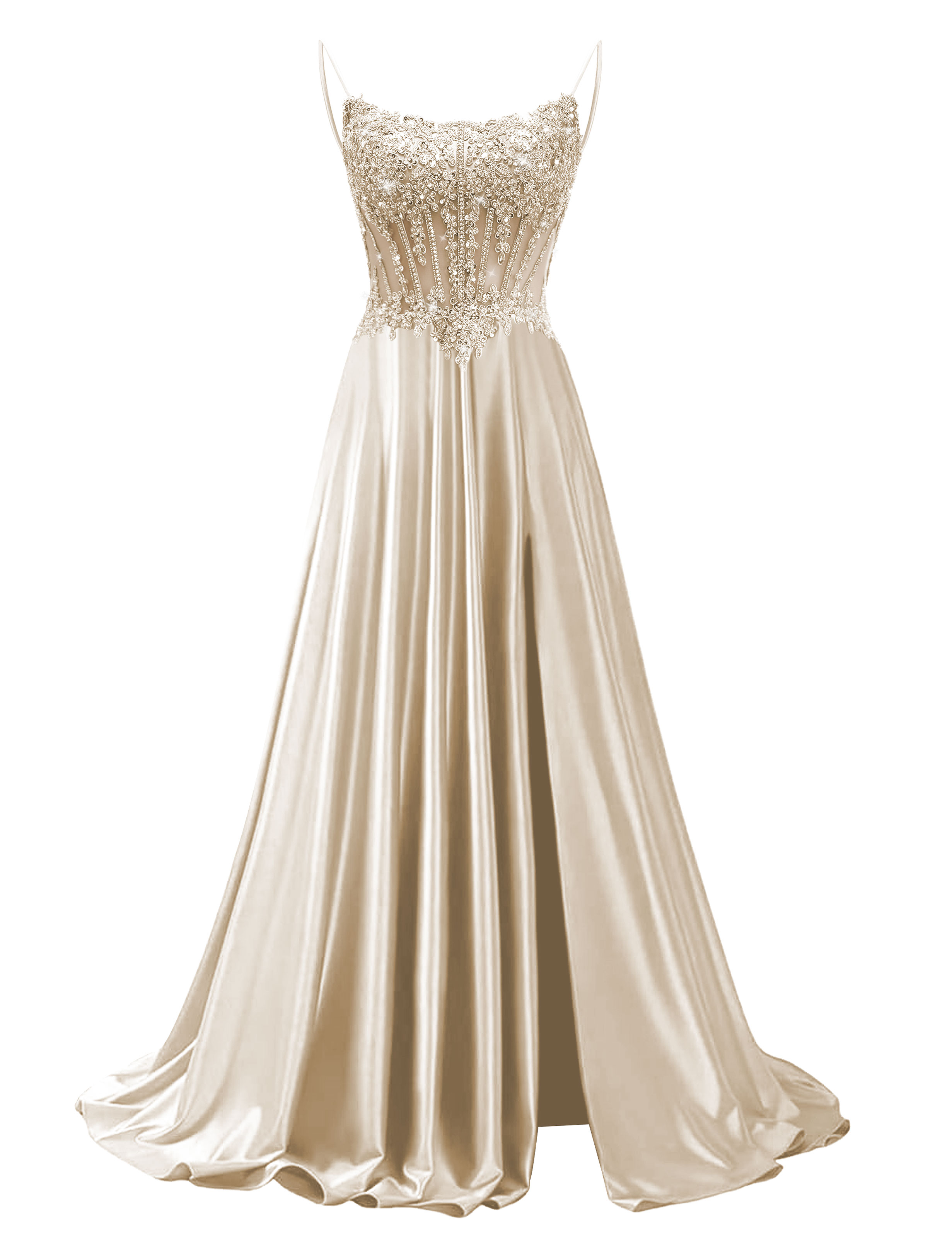 Mermaid Spaghetti Straps Satin Beaded Sequin Pleated Slit Prom Dress #PR2510011