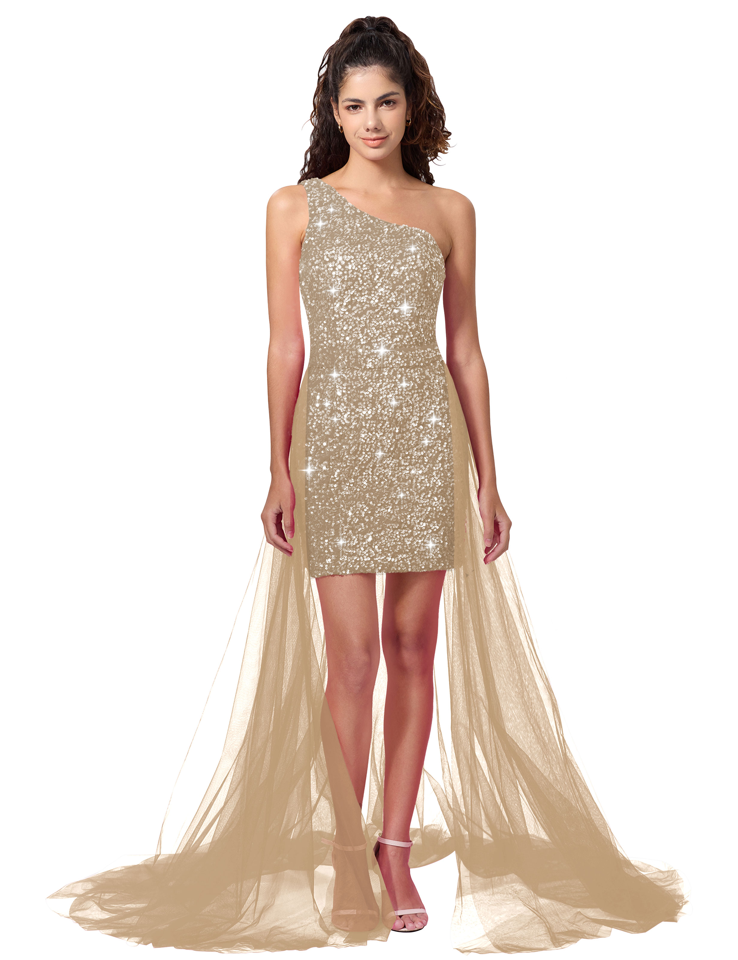 Sparkly One Shoulder Sequin Detachable Waist Cape Homecoming Dress #HC2402126