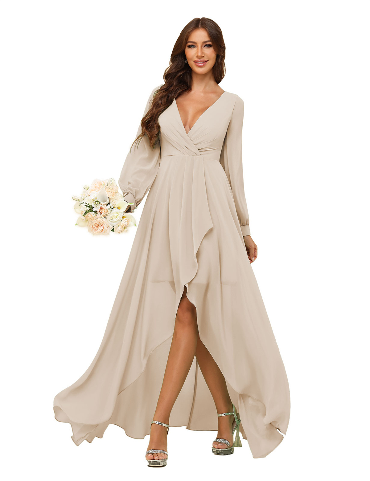 A-line Deep V-neck Chiffon Long Sleeves Bridesmaid Dress #BM2507136