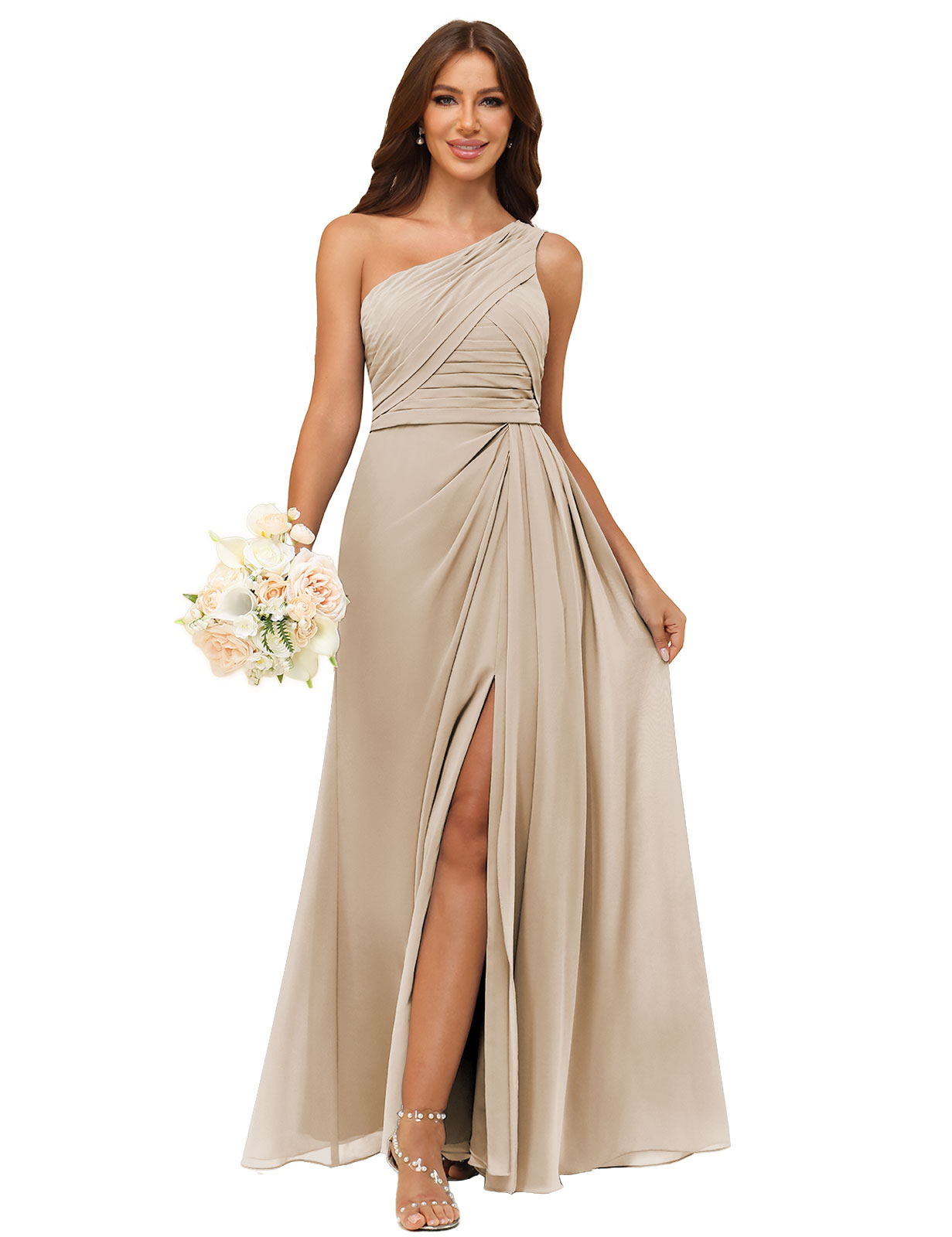 A-line One Shoulder Chiffon Silt Back Zip Bridesmaid Dress #BM2504122