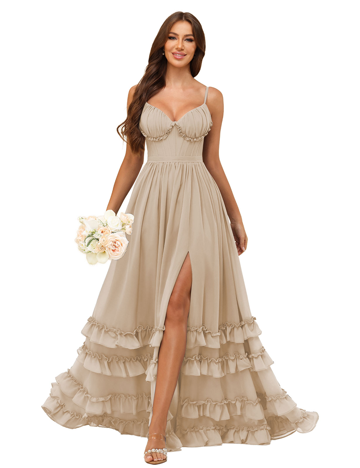 A-line Sweetheart Spaghetti Straps Chiffon Silt Ruffles Bridesmaid Dress #BM2507033