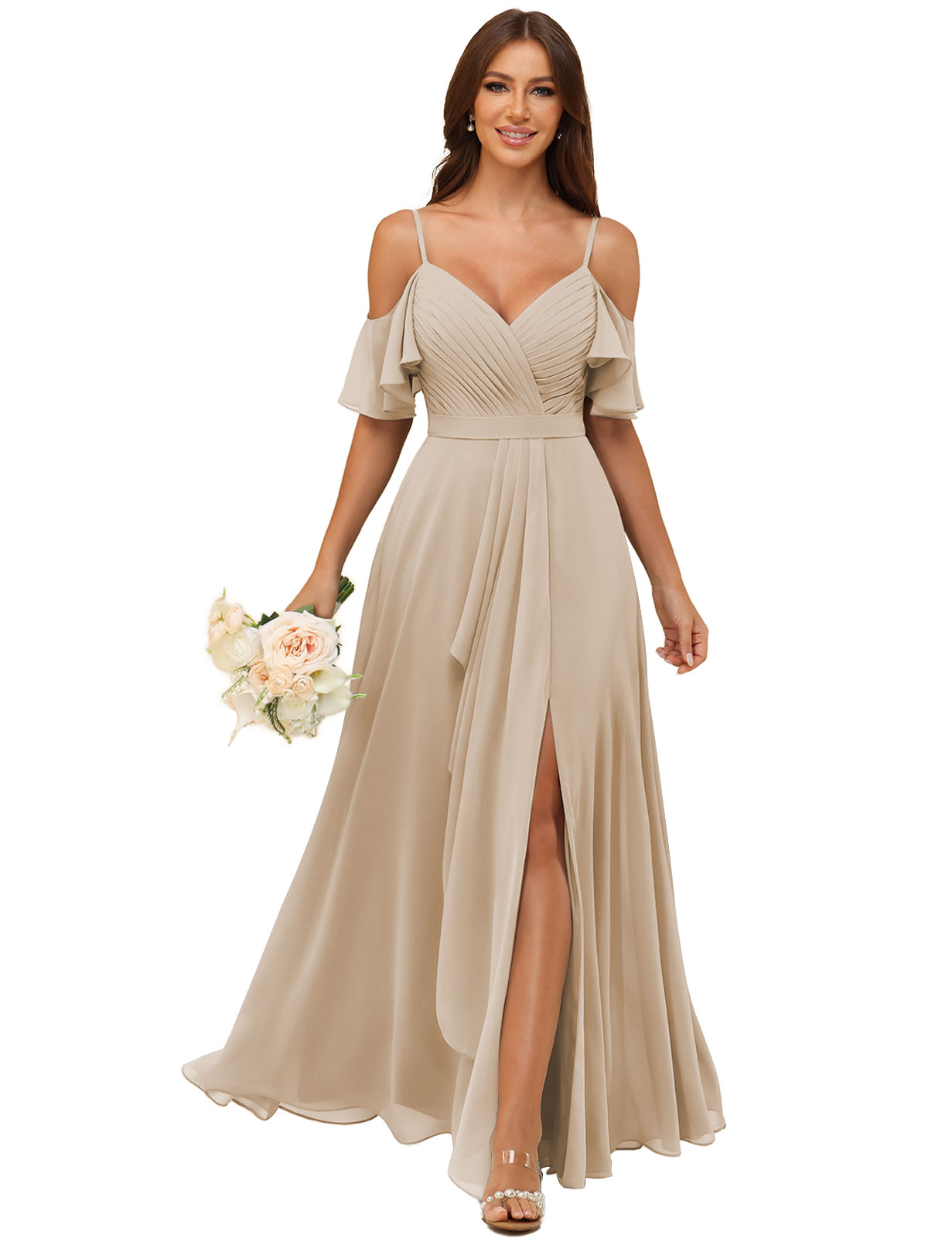 A-line V-neck Spaghetti Straps Chiffon Silt Bridesmaid Dress #BM2507214