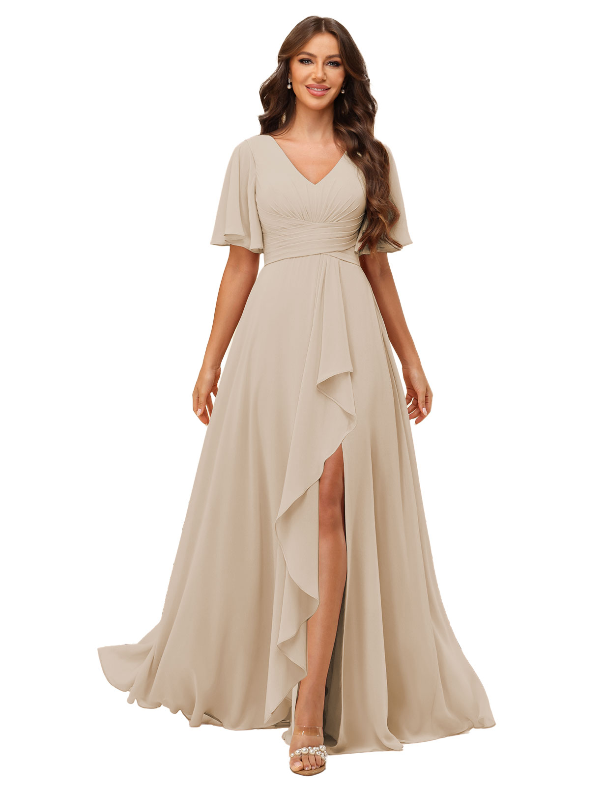 A-line V-neck Short Sleeves Chiffon Silt Bridesmaid Dress #BM2507137