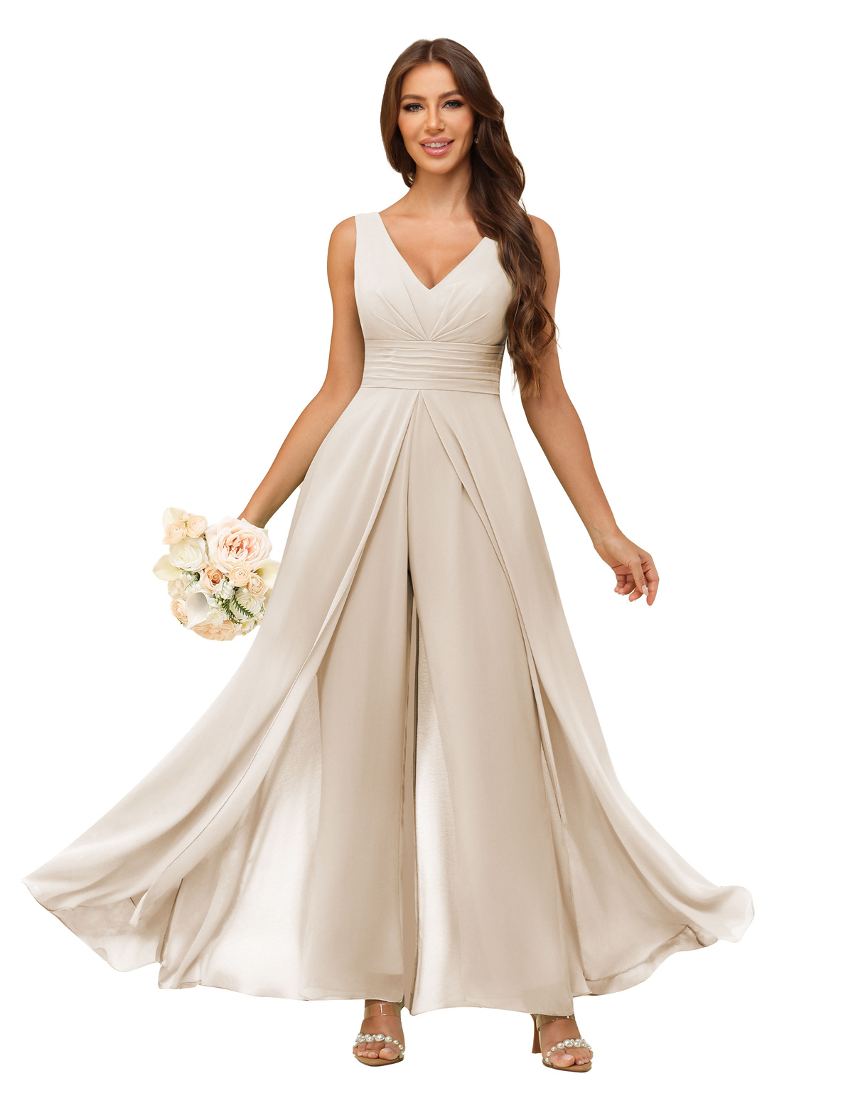 A-line V-neck Chiffon Straps V-back Bridesmaid Dress #PR2507216