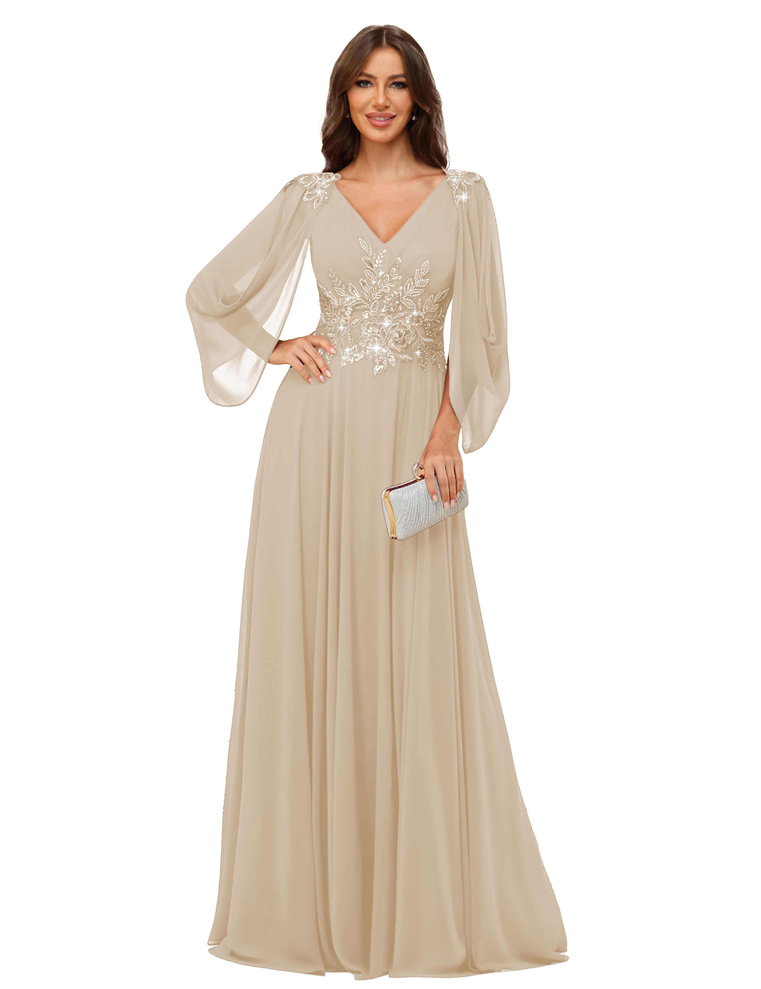 A-line V-neck Chiffon V-back Long Sleeves Mother of The Bride Dress #BM2501034
