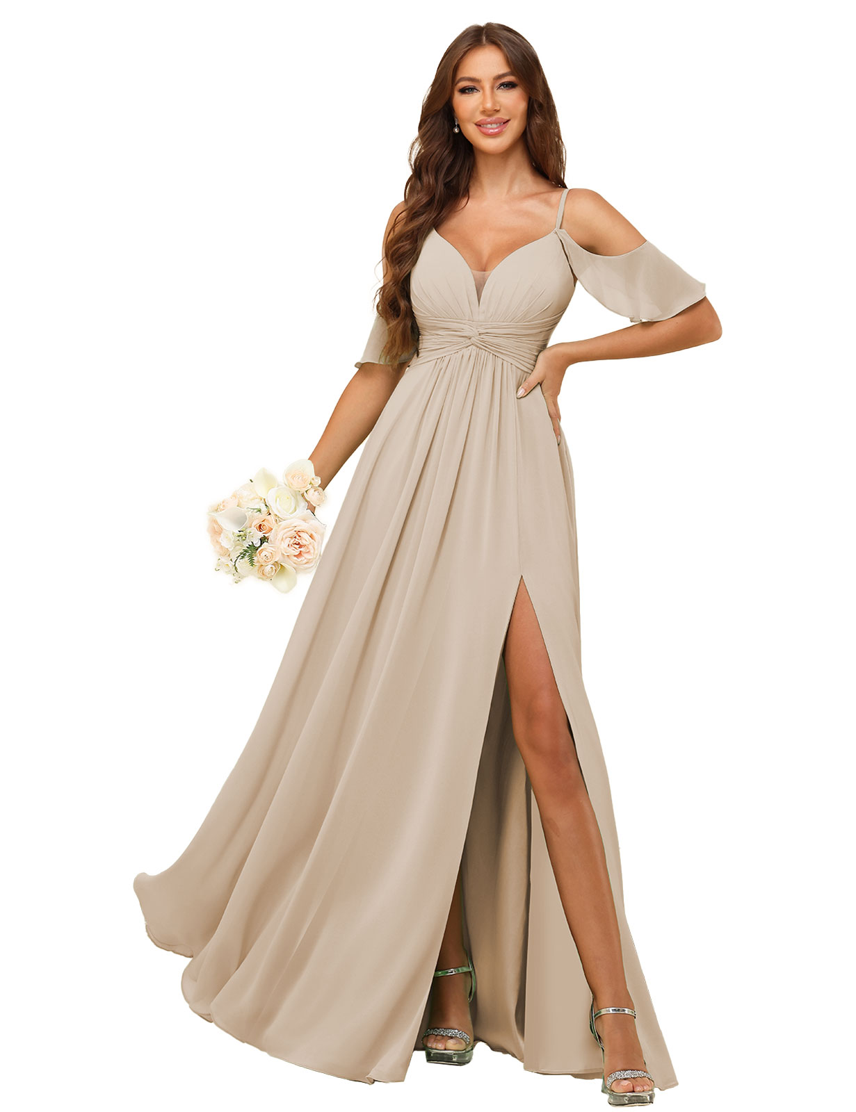 A-line Deep V-neck Spaghetti Straps Chiffon Silt Bridesmaid Dress #BM2507134