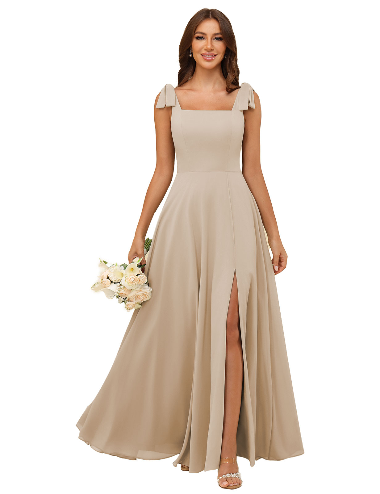 A-line Square Straps Chiffon Silt Bridesmaid Dress #BM2507222