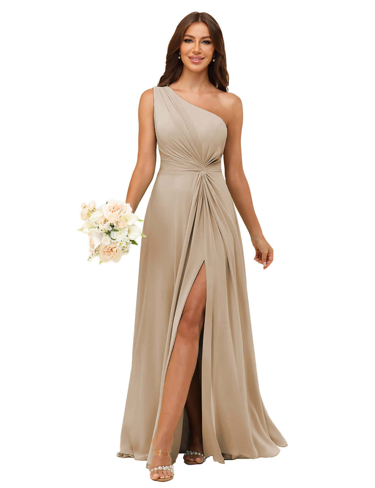 A-line One Shoulder Chiffon Silt Bridesmaid Dress #BM2508033