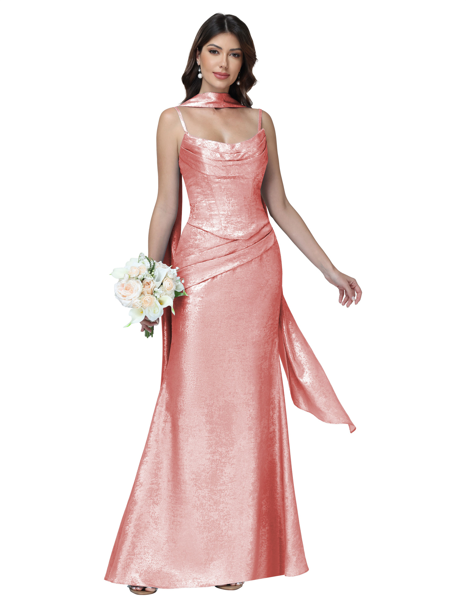 Mermaid Spaghttei Straps Prom Dress 2 Pieces Bridesmaid Dress with Scarf #BM2512054