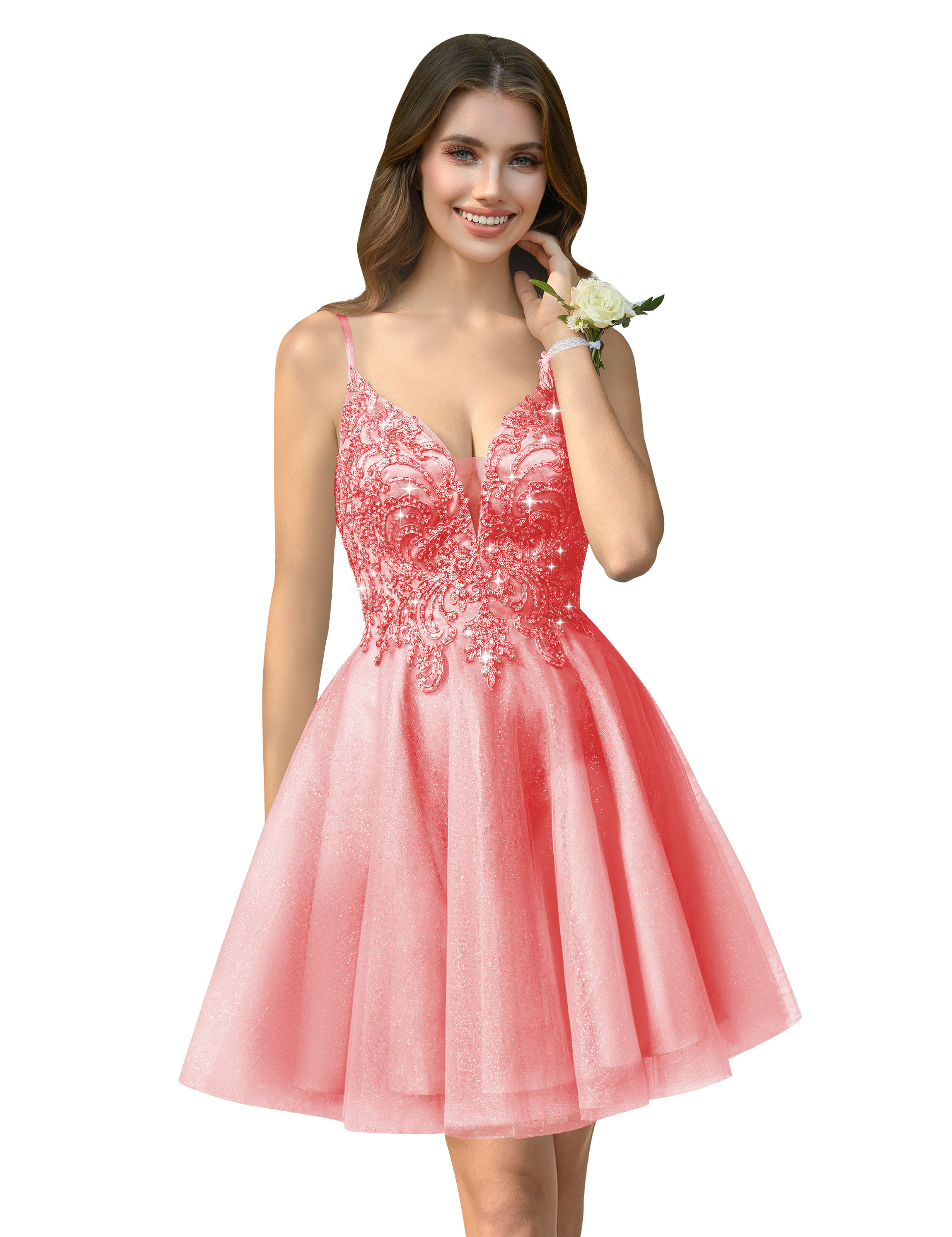 A-line V-neck Spaghetti Strap Sparkly Beaded Tulle Homecoming Dress #HC2401940