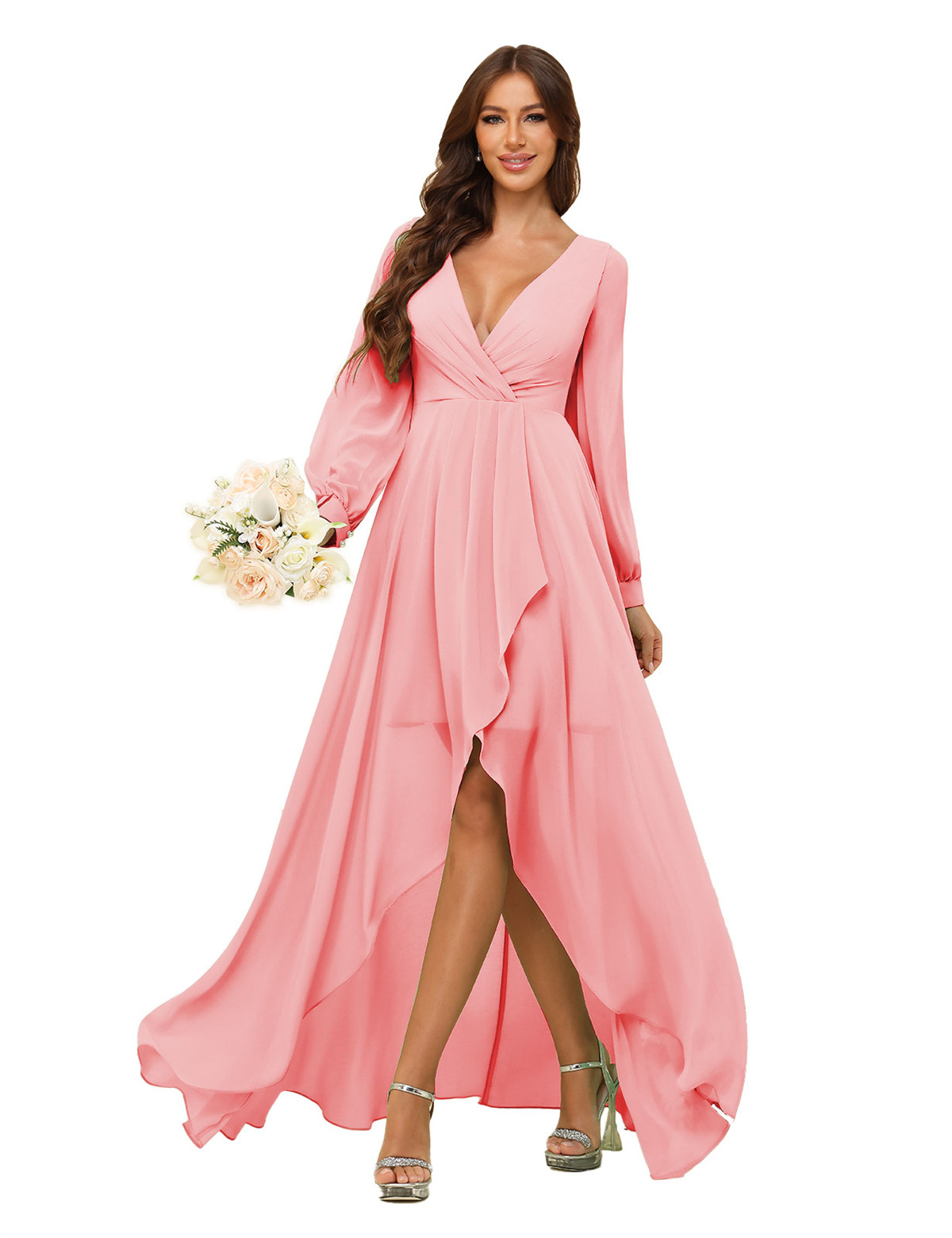 A-line Deep V-neck Chiffon Long Sleeves Bridesmaid Dress #BM2507136