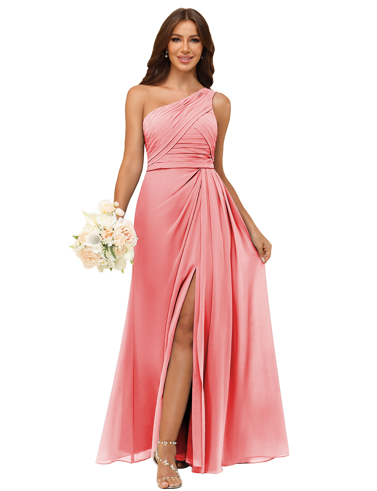 A-line One Shoulder Chiffon Silt Back Zip Bridesmaid Dress #BM2504122