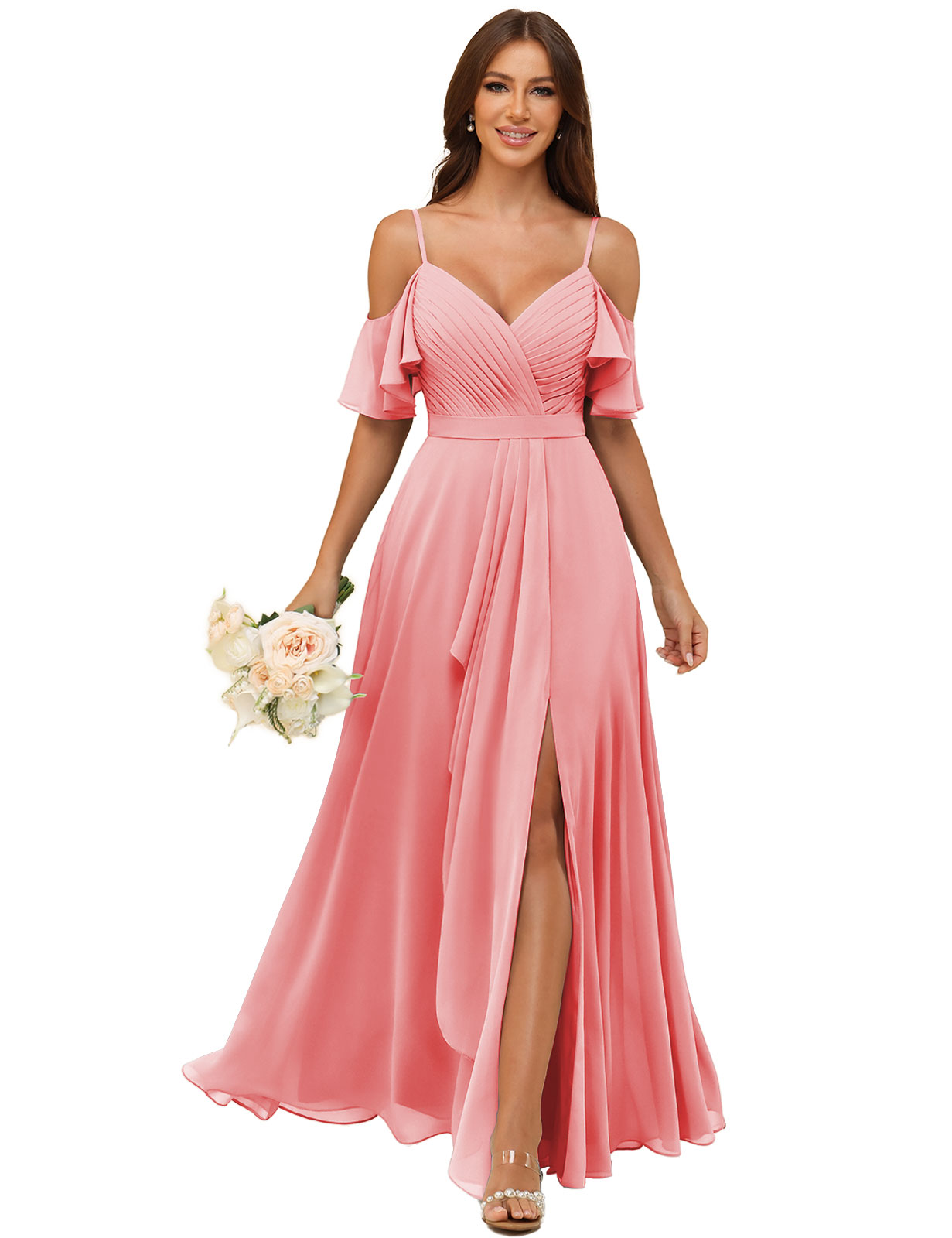 A-line V-neck Spaghetti Straps Chiffon Silt Bridesmaid Dress #BM2507214