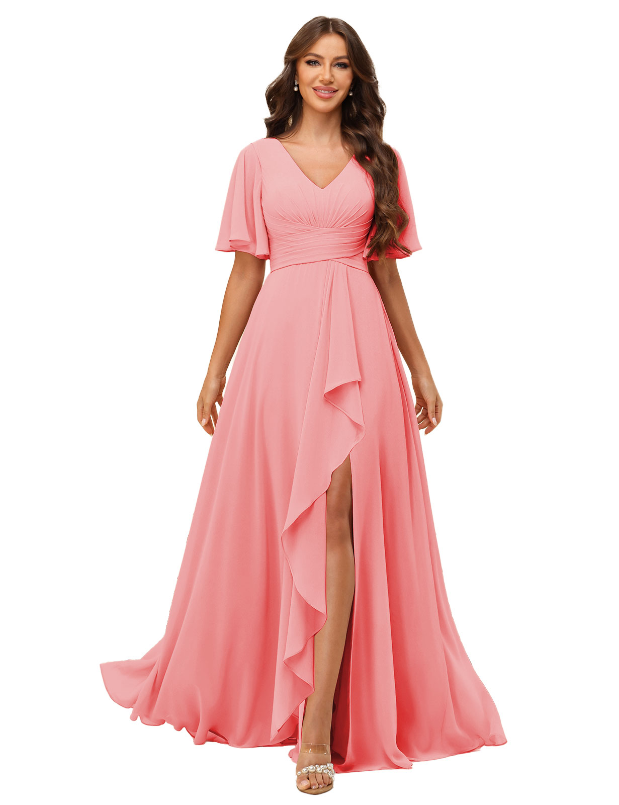 A-line V-neck Short Sleeves Chiffon Silt Bridesmaid Dress #BM2507137