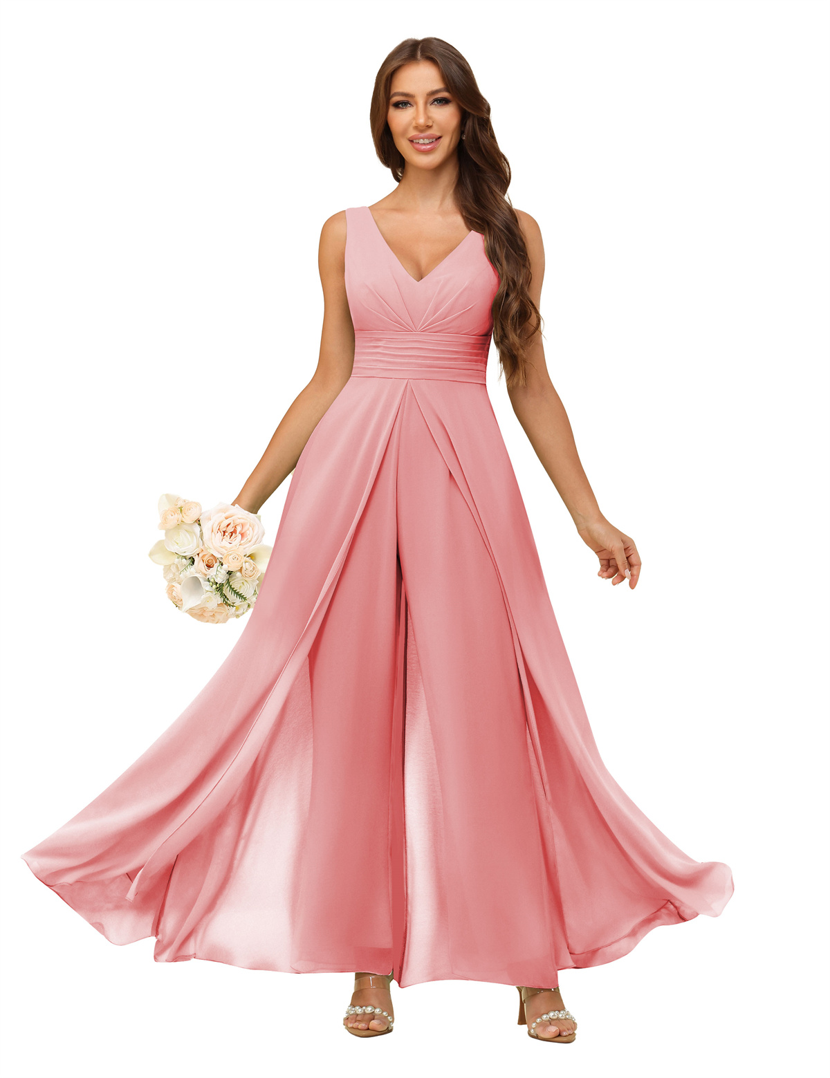 A-line V-neck Chiffon Straps V-back Bridesmaid Dress #PR2507216