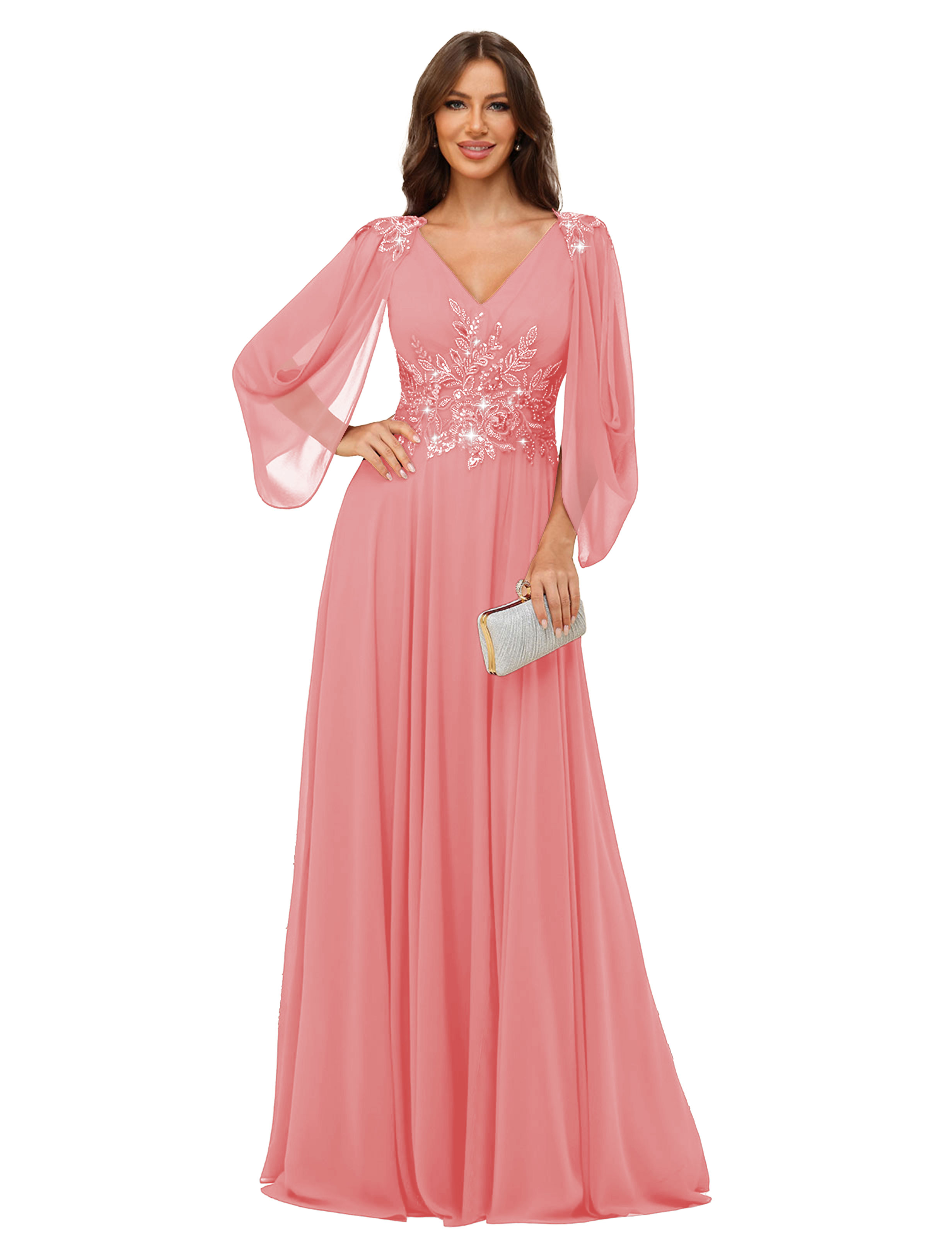 A-line V-neck Chiffon V-back Long Sleeves Mother of The Bride Dress #BM2501034