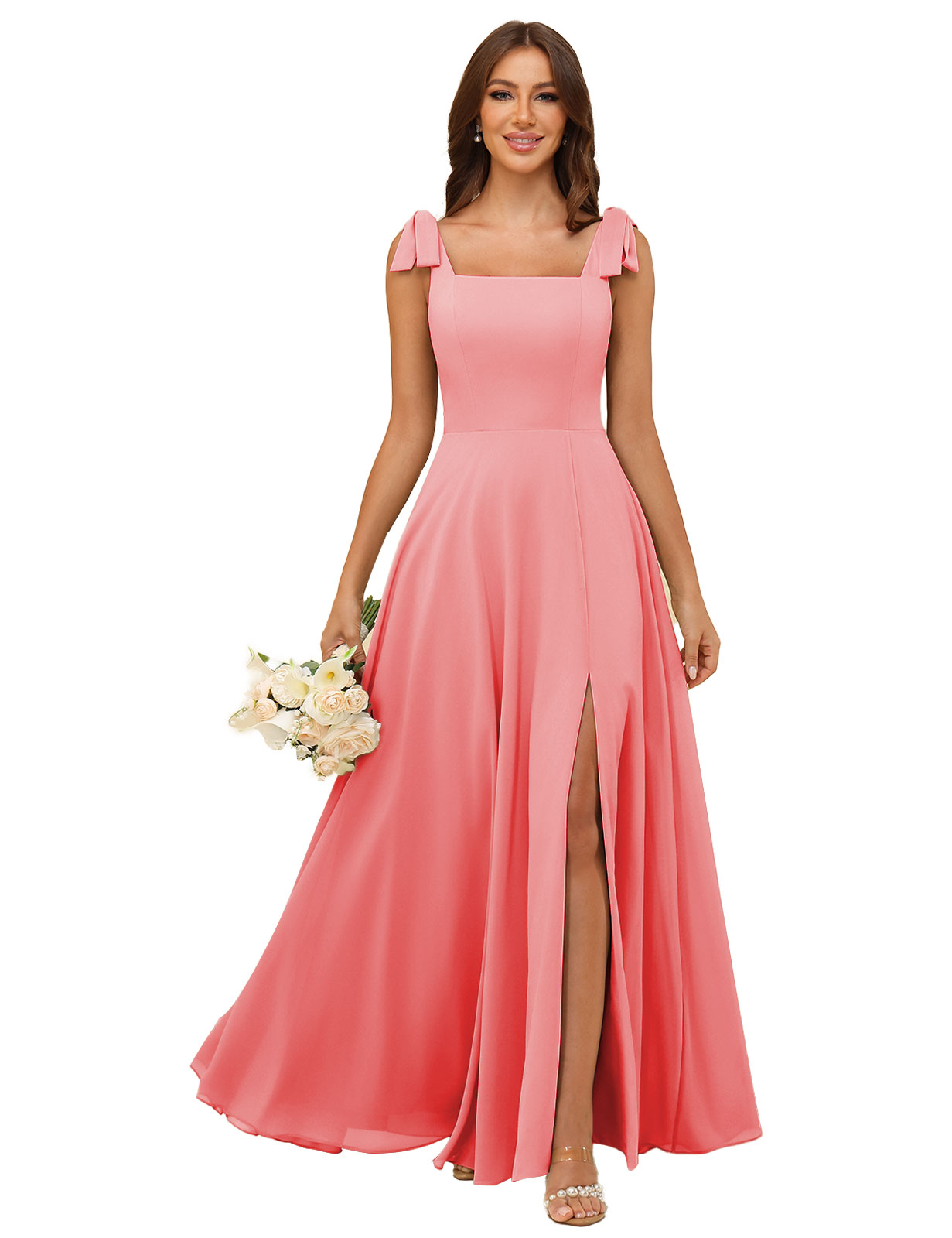 A-line Square Straps Chiffon Silt Bridesmaid Dress #BM2507222
