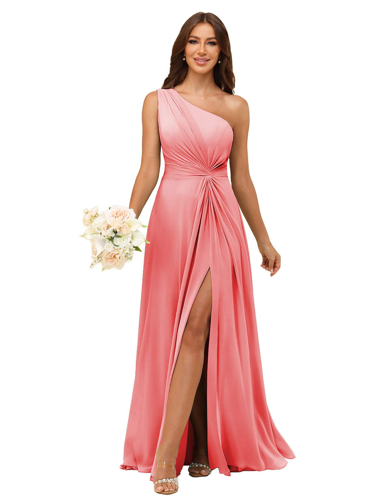 A-line One Shoulder Chiffon Silt Bridesmaid Dress #BM2508033