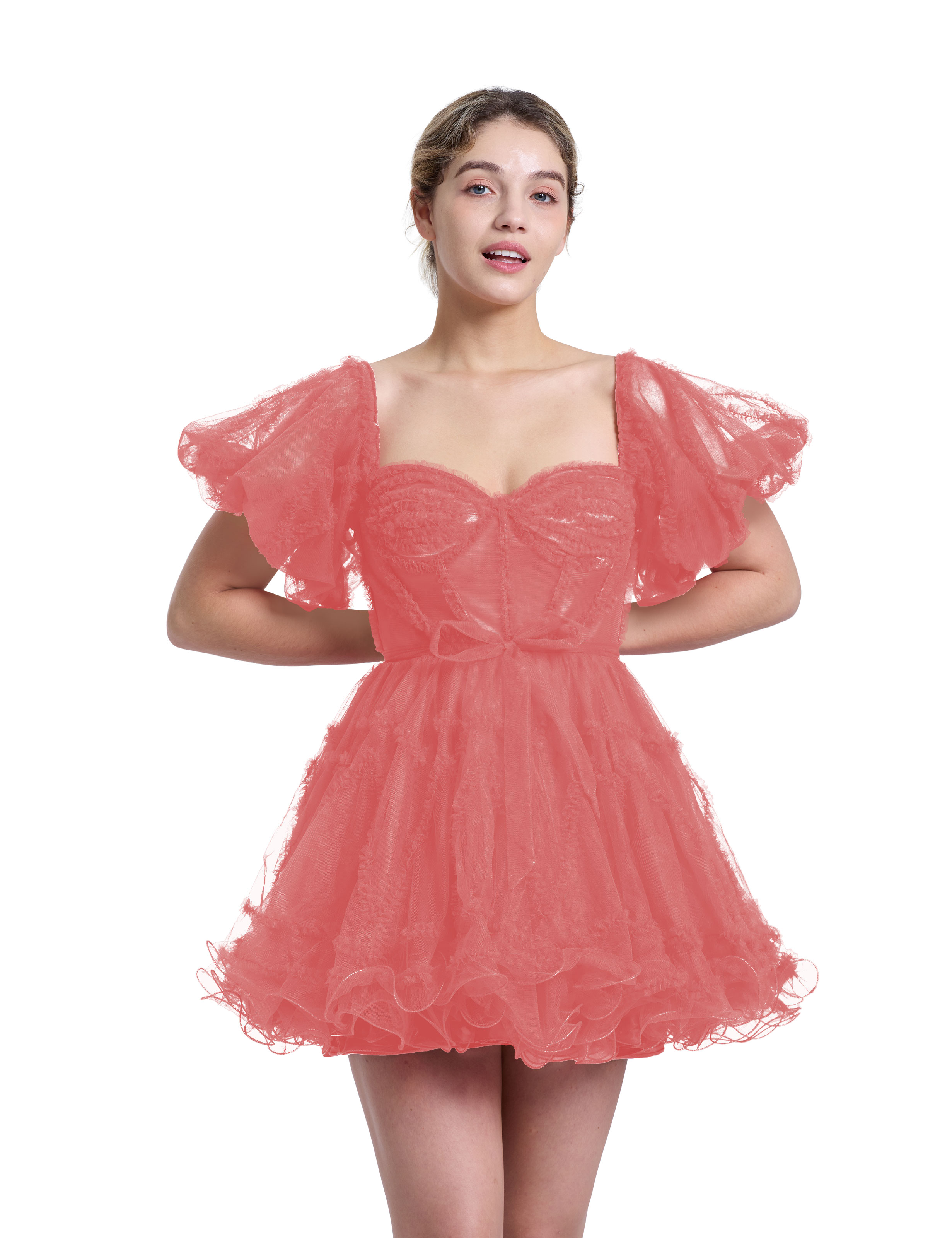 A-line Sweetheart Ruffles Tulle Puffy Sleeves Red Homecoming Dress #HC2401317