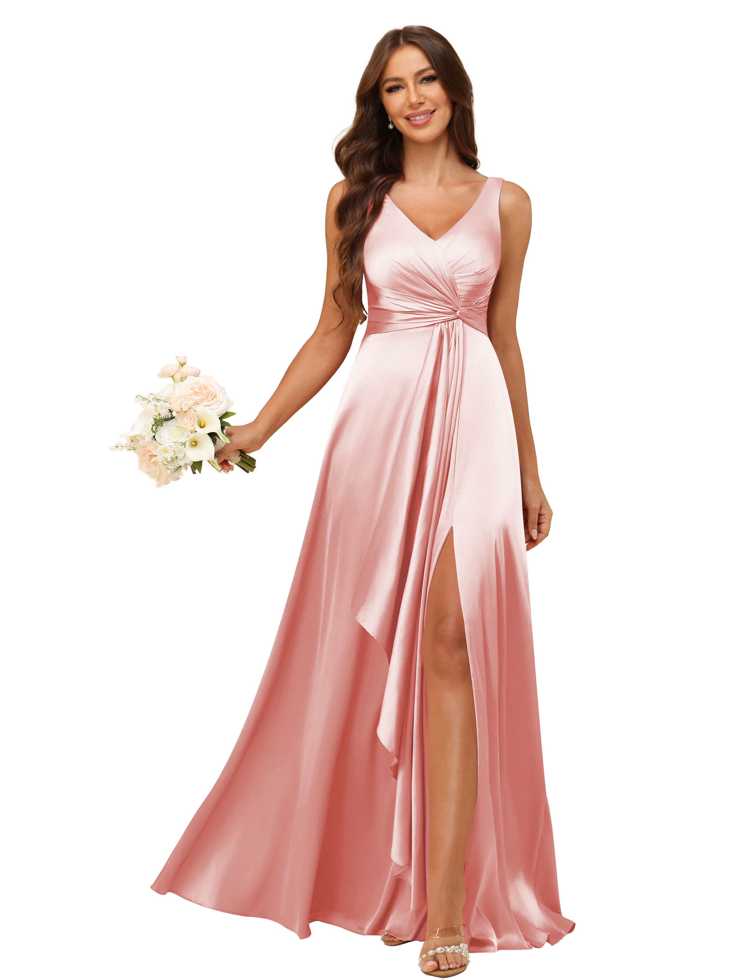 A-line V-neck Straps Satin Silt Lace Up Bridesmaid Dress #BM2507147