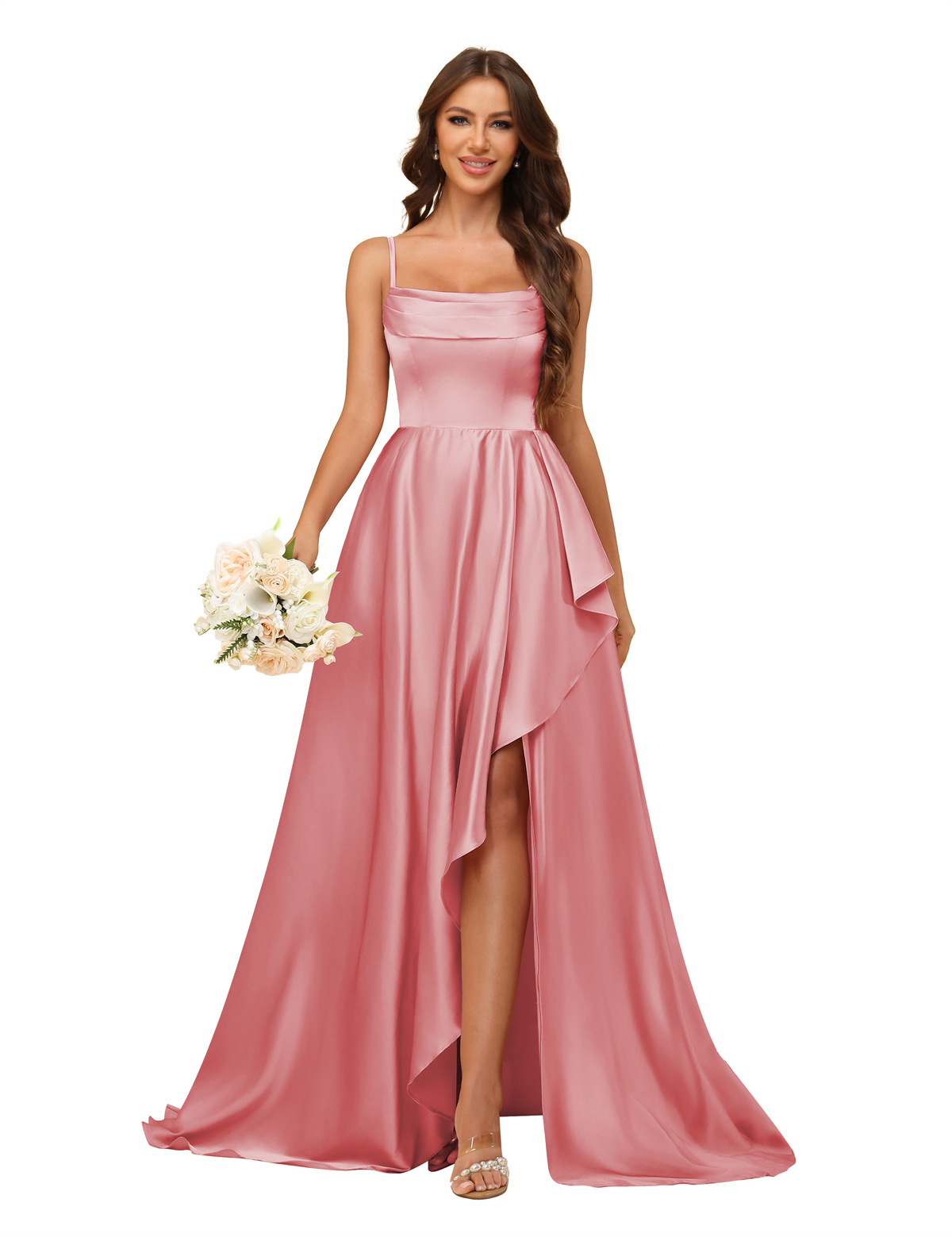 A-line U-neck Spaghetti Straps Satin Silt Bridesmaid Dress #BM2507213