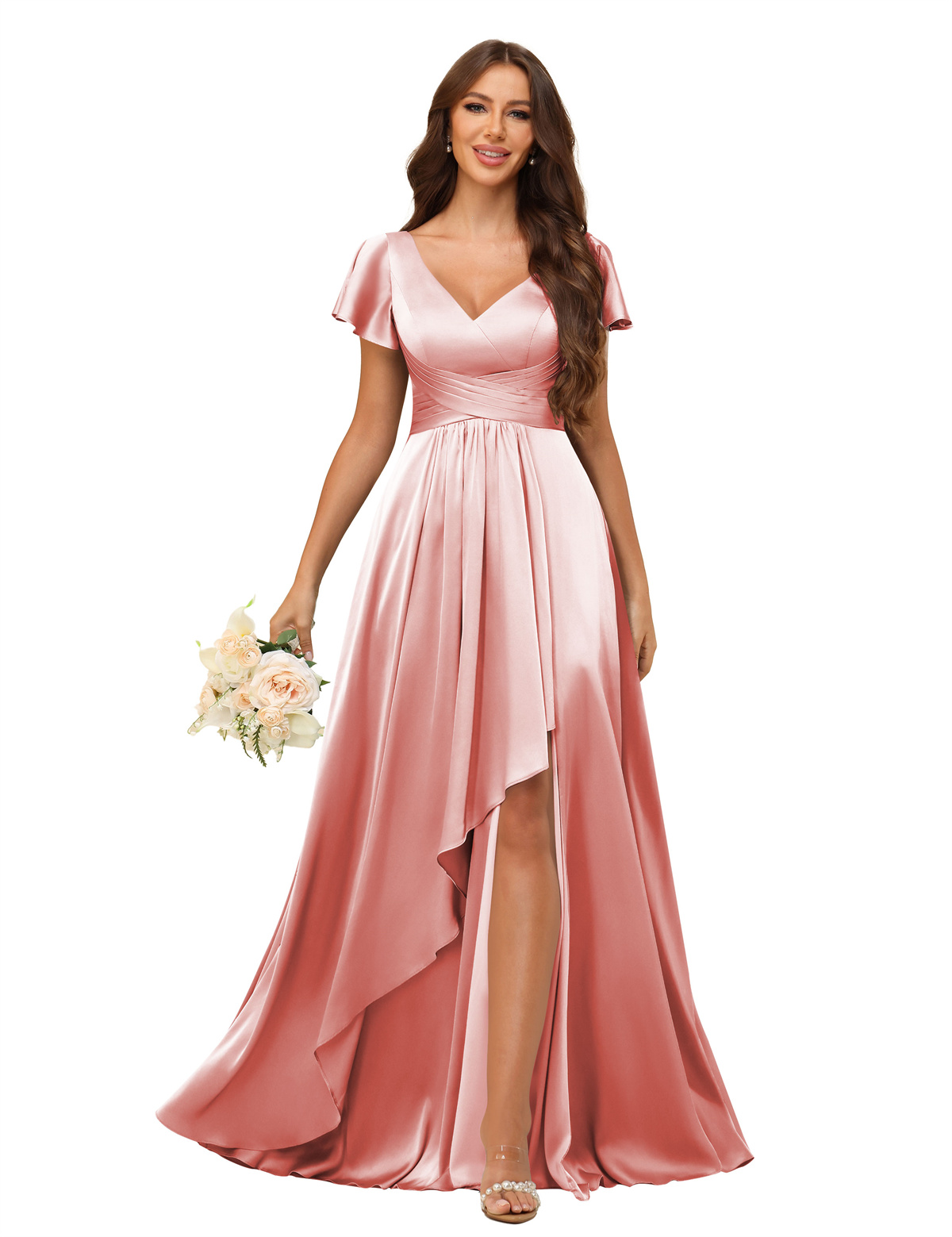 A-line V-neck Short Sleeves Satin Silt Bridesmaid Dress #BM2508022