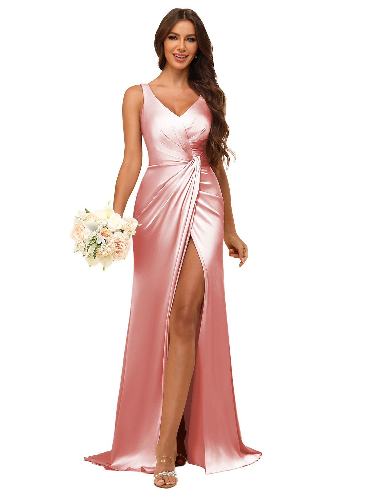 Mermaid V-neck Straps Satin Silt Bridesmaid Dress #BM2507144