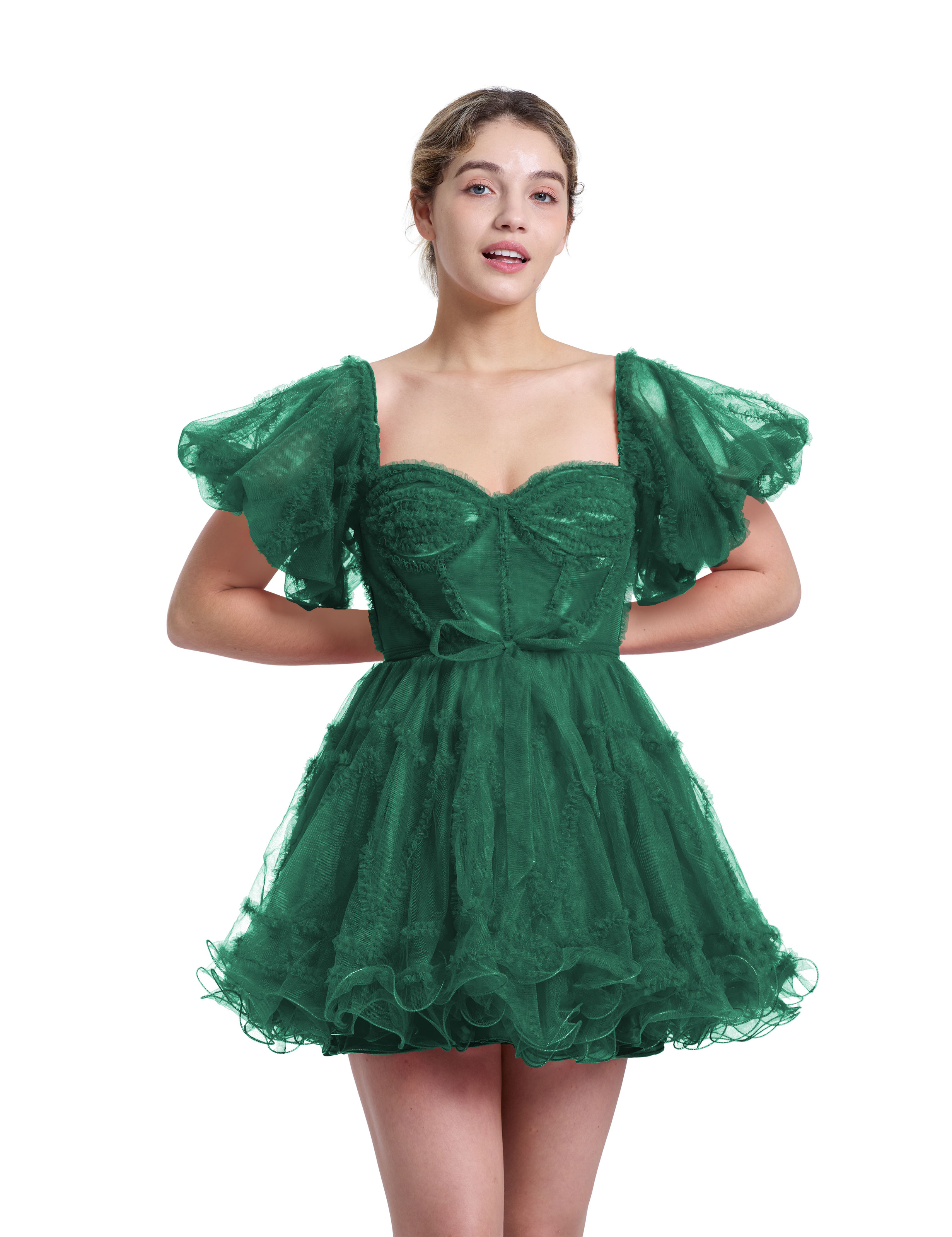 A-line Sweetheart Ruffles Tulle Puffy Sleeves Red Homecoming Dress #HC2401317