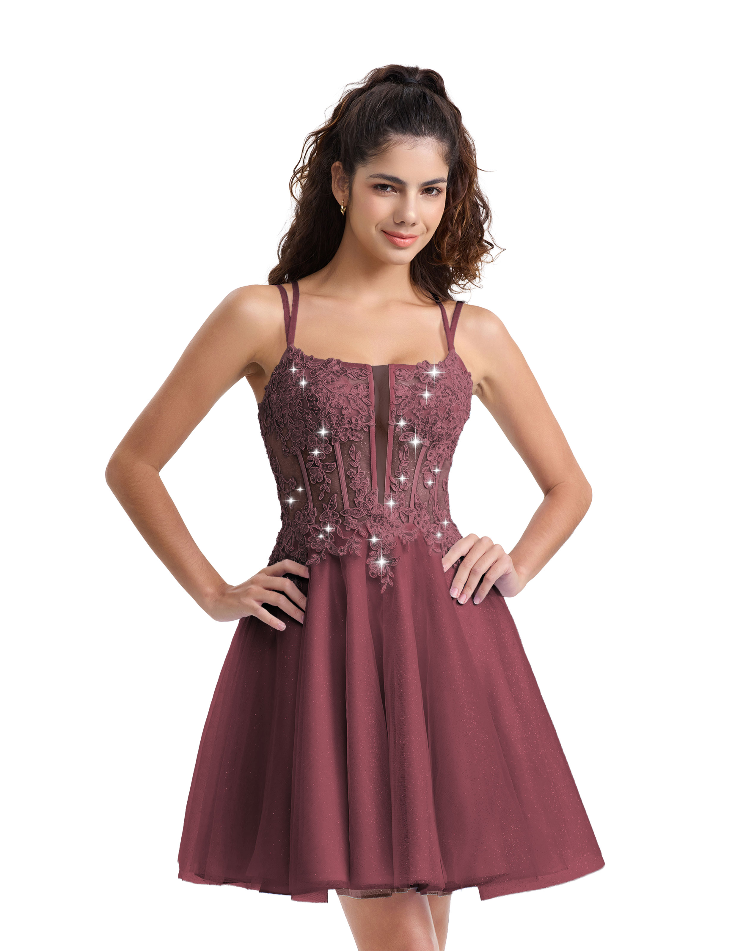 A-line Spaghetti Strap Tulle Lace Appliques Cocktail Homecoming Dress #HC2402129