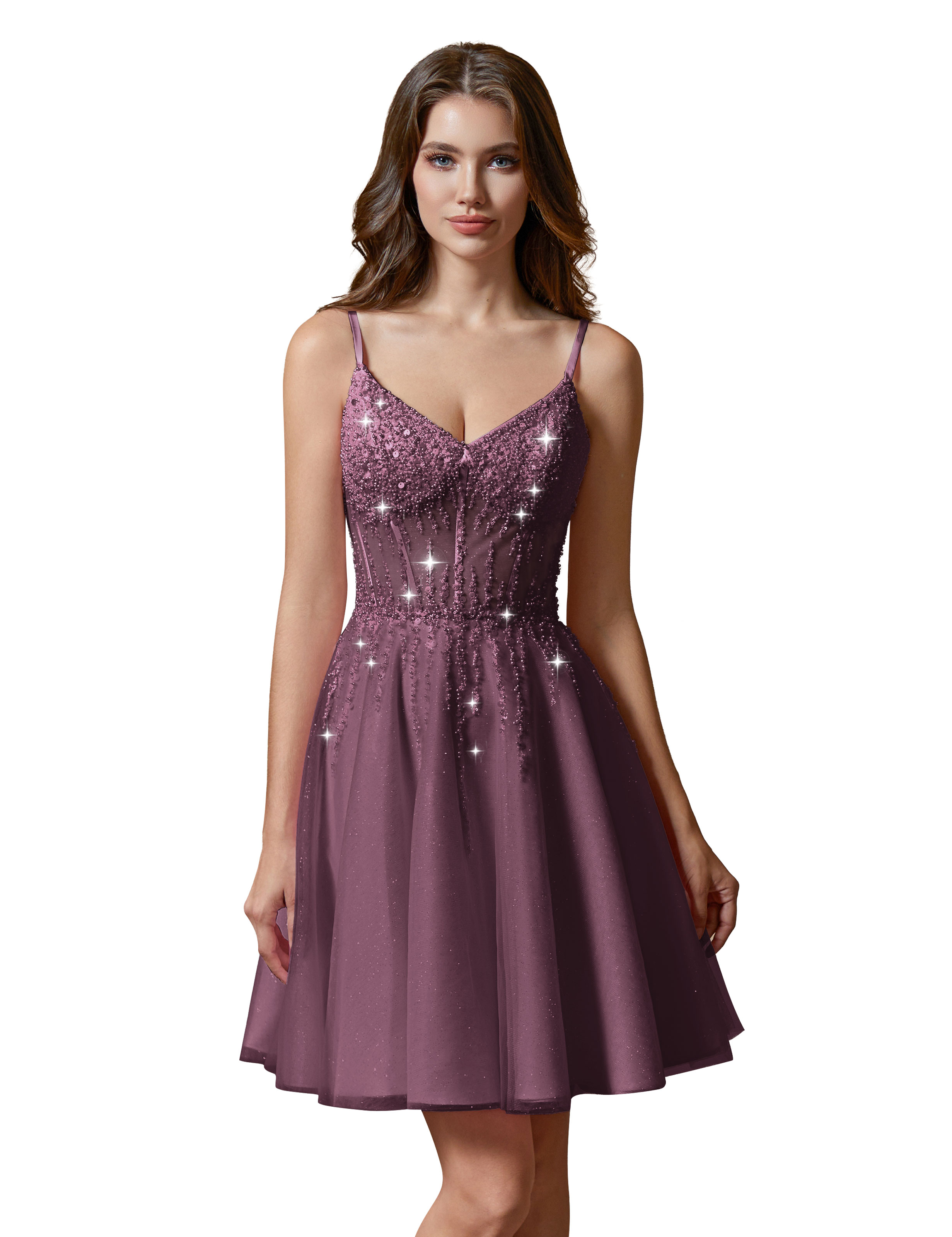 A-line V-Neck Sparkly Tulle Lace Appliques Homecoming Dress #HC2401738