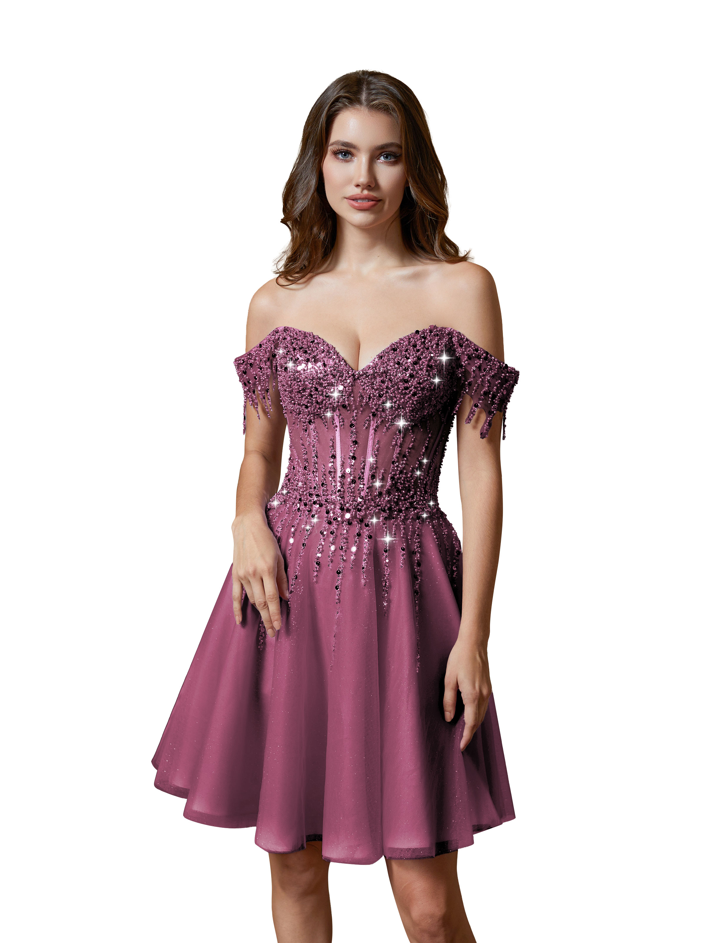 A-line Off Shoulder Lace Appliques Sparkly Sequin Tulle Homecoming Dress #HC2401169