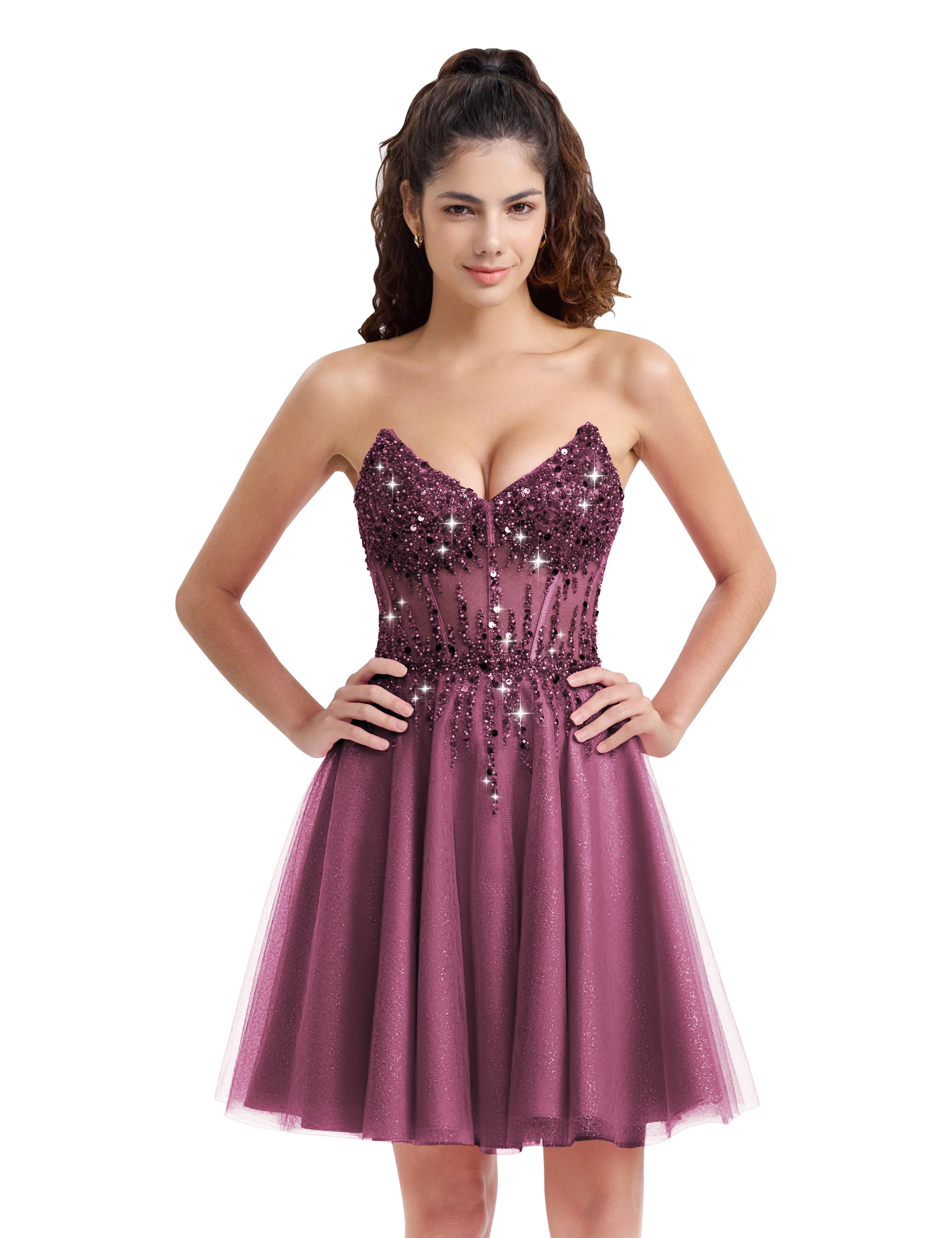 Sparkly A-line V-Neck Tulle Strapless Beaded Homecoming Dress #HC2402127