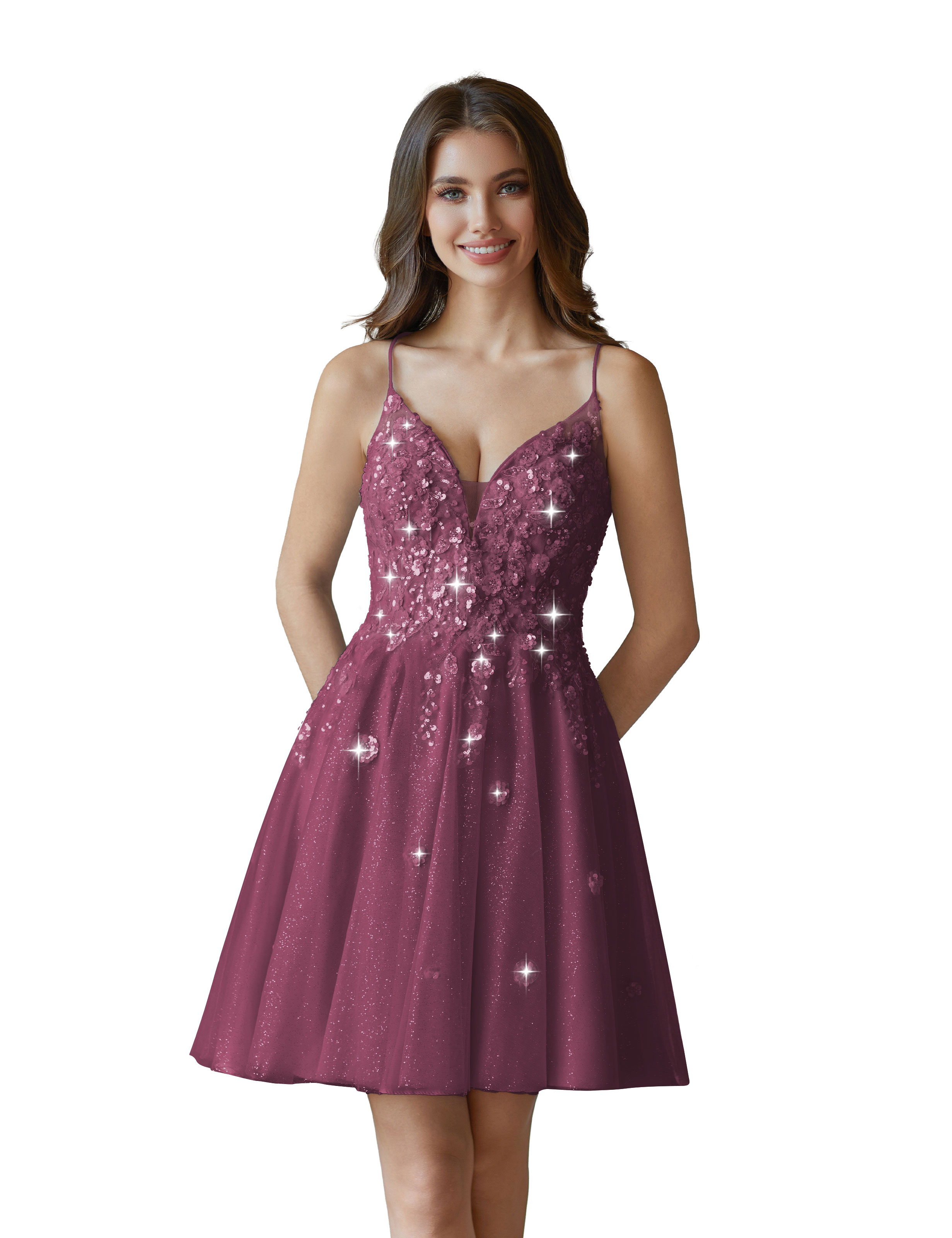 V-Neck Sspaghetti Strap Sparkly Lace Sequin Short Tulle Homecoming Dress #HC2604021