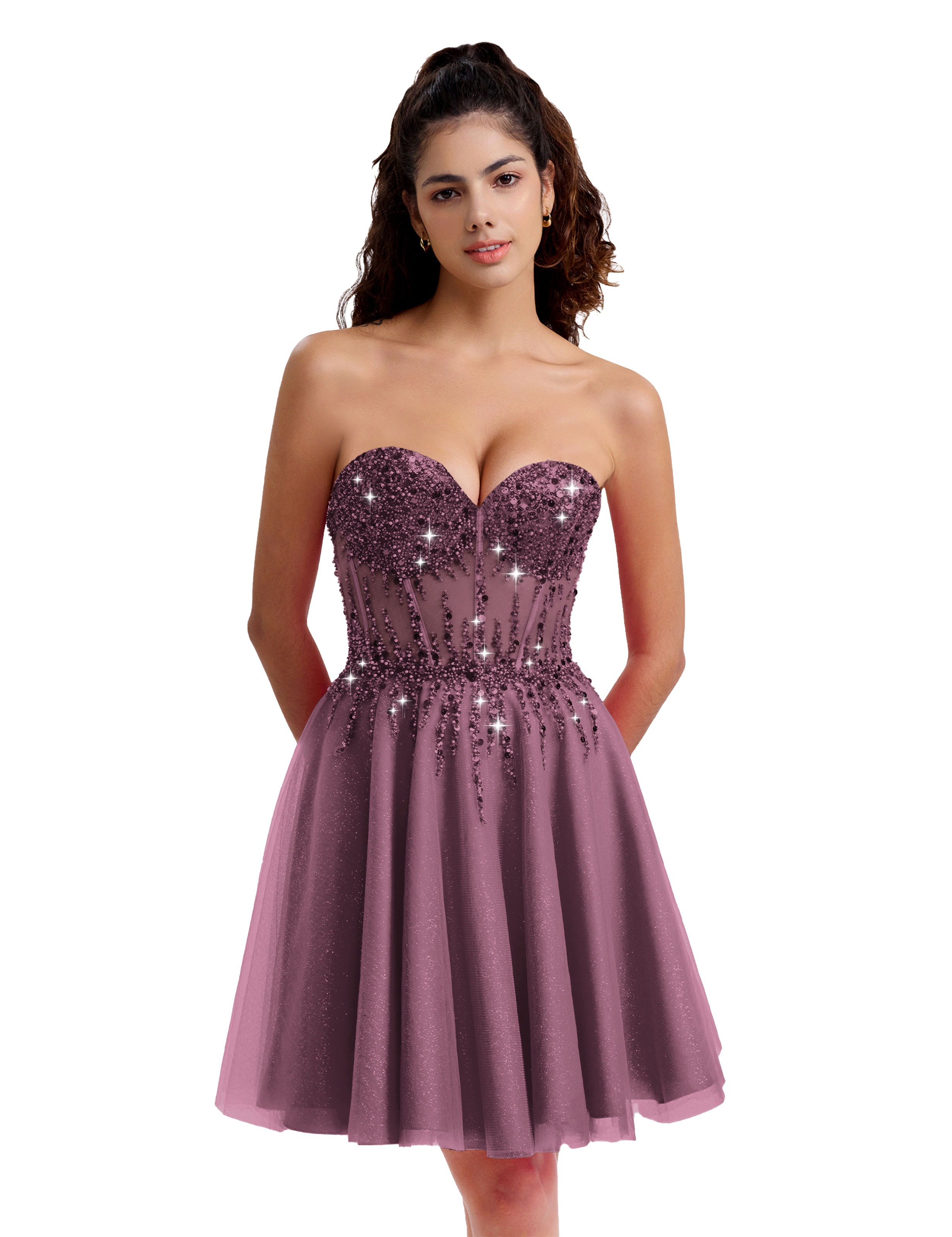 Sparkly A-line Sweetheart Tulle Beaded Party Homecoming Dress #HC2402135