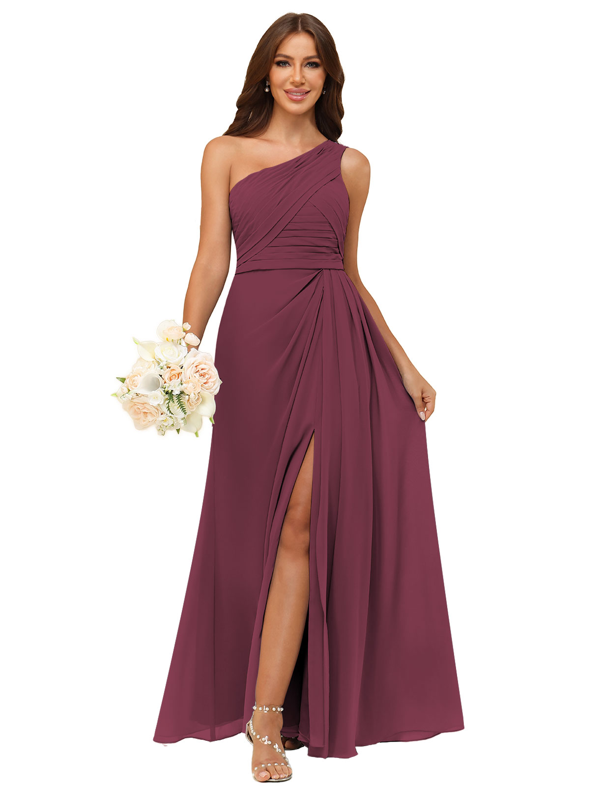 A-line One Shoulder Chiffon Silt Back Zip Bridesmaid Dress #BM2504122