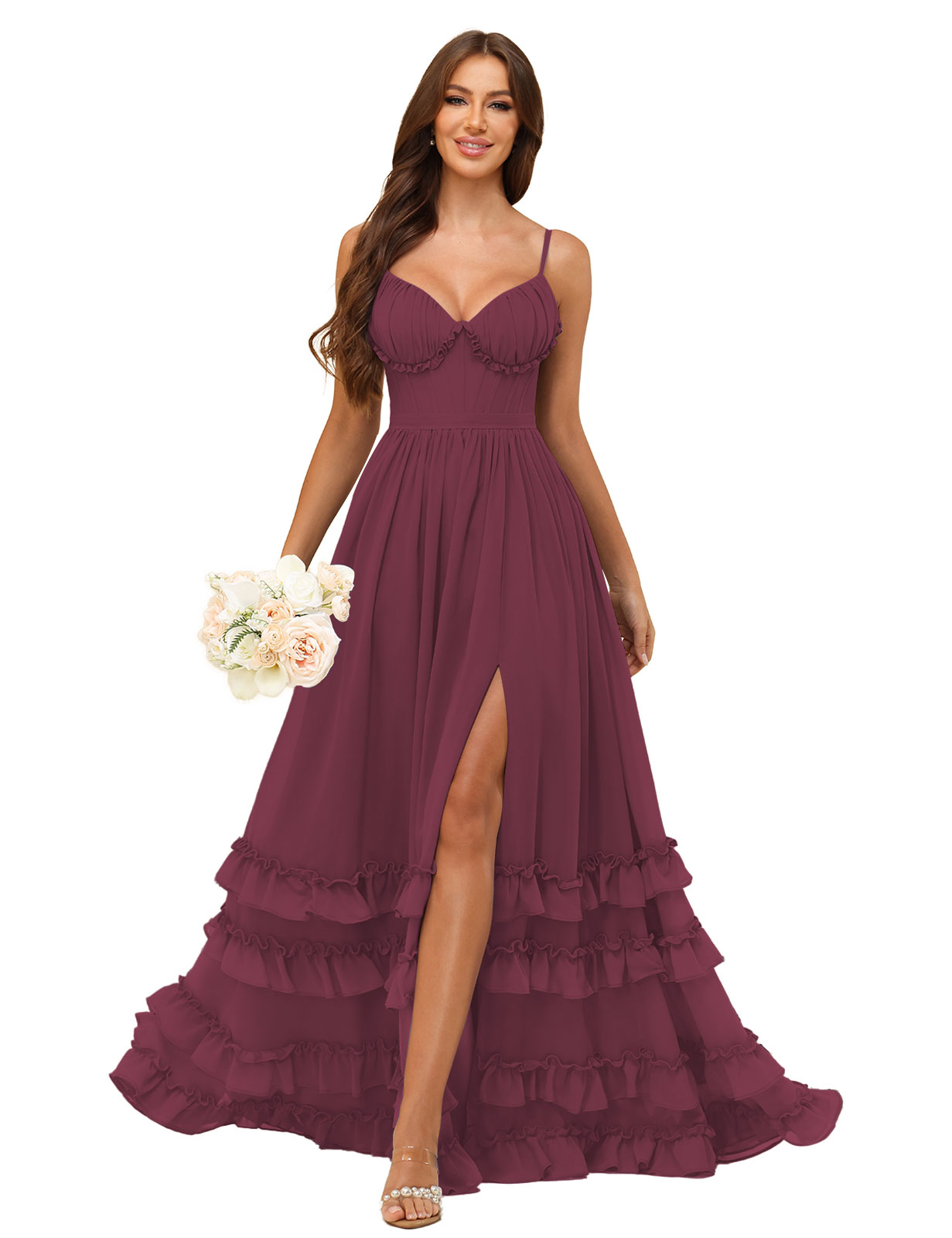 A-line Sweetheart Spaghetti Straps Chiffon Silt Ruffles Bridesmaid Dress #BM2507033
