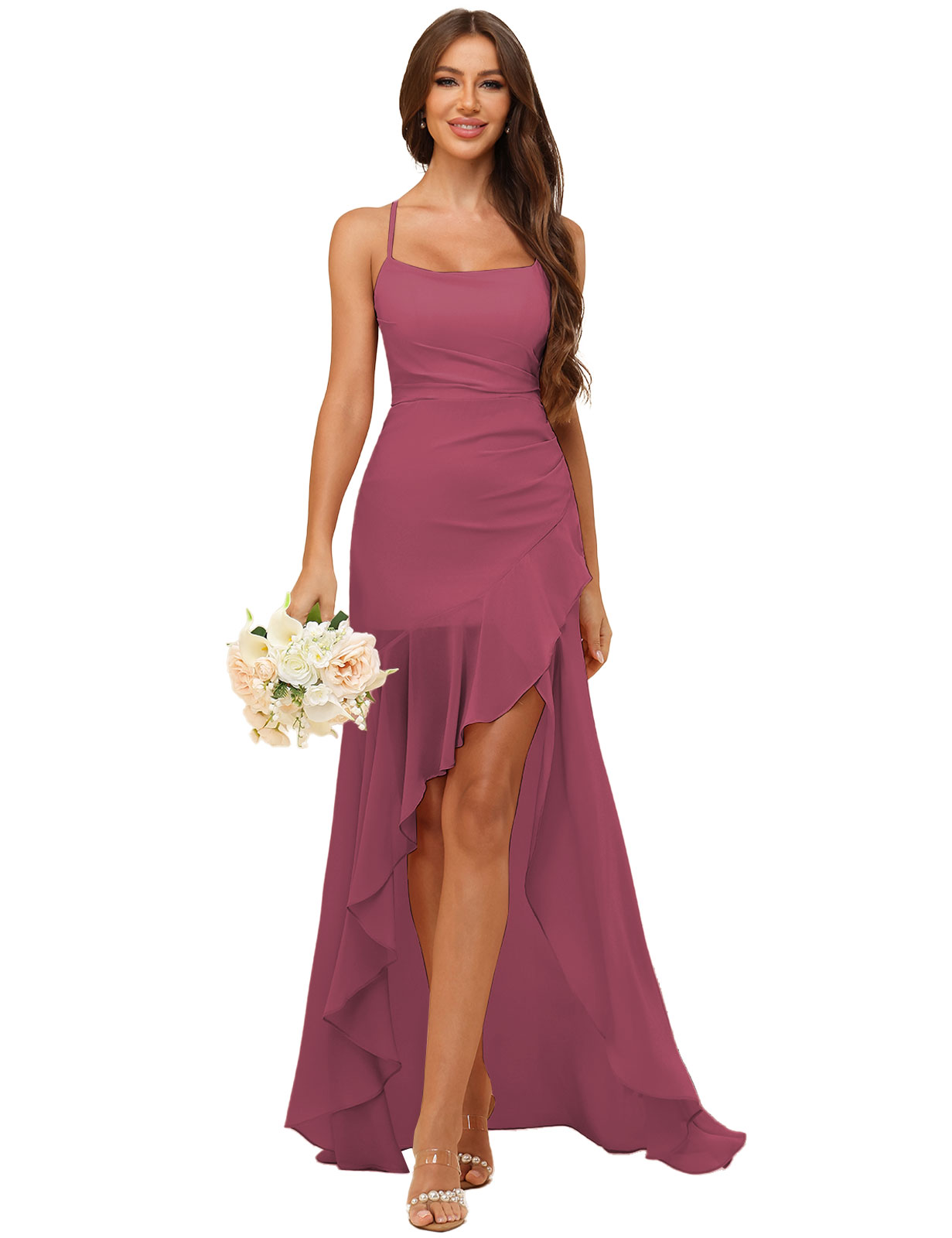 A-line Strapless Chiffon High Low Ruffles Bridesmaid Dress #BM2507148