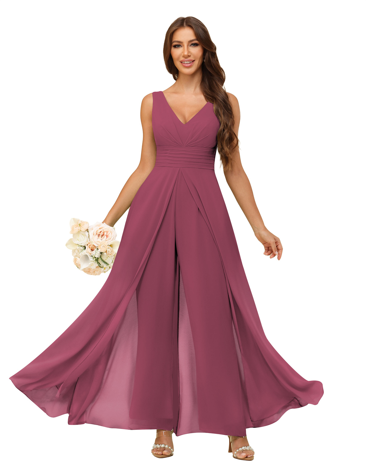 A-line V-neck Chiffon Straps V-back Bridesmaid Dress #PR2507216