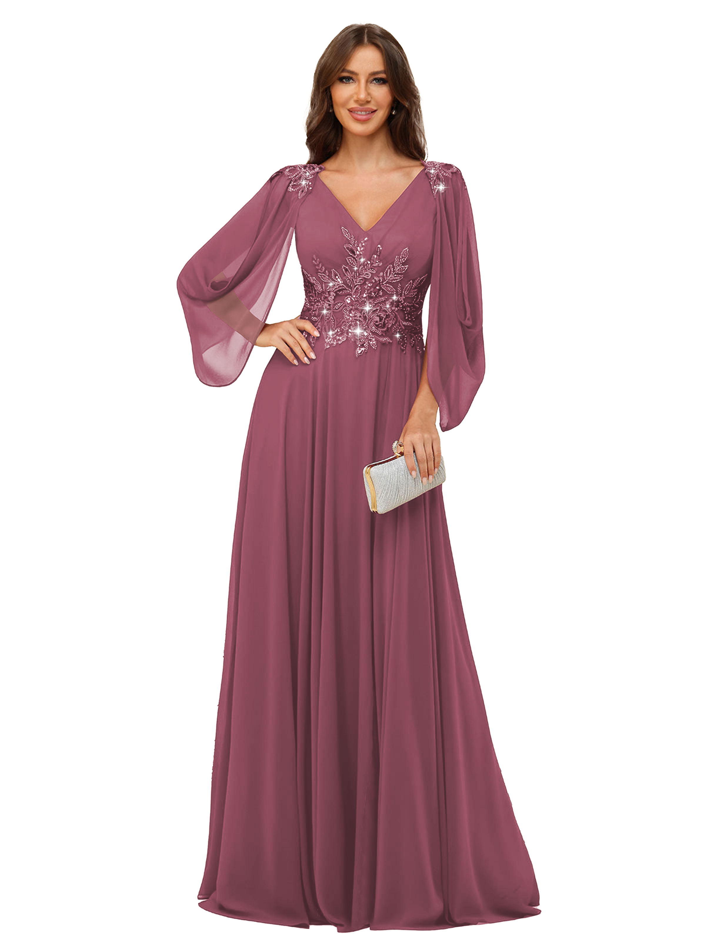 A-line V-neck Chiffon V-back Long Sleeves Mother of The Bride Dress #BM2501034