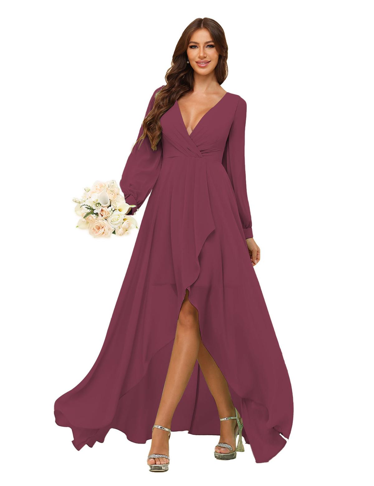 A-line Deep V-neck Chiffon Long Sleeves Bridesmaid Dress #BM2507136