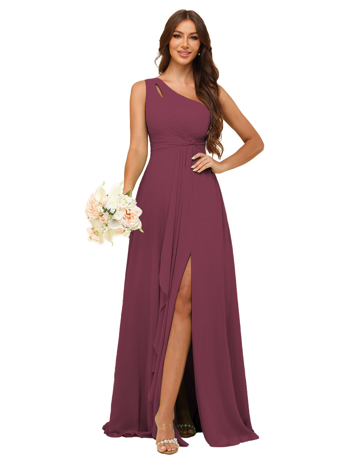 A-line One Shoulder Chiffon Silt Bridesmaid Dress #BM2507131
