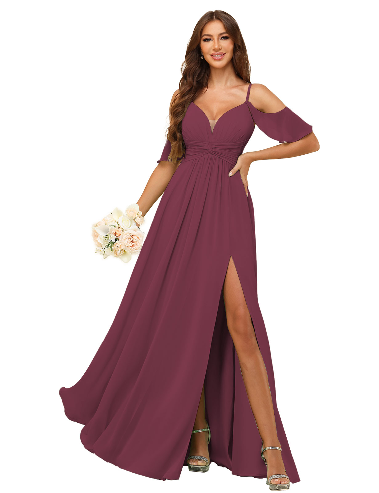 A-line Deep V-neck Spaghetti Straps Chiffon Silt Bridesmaid Dress #BM2507134