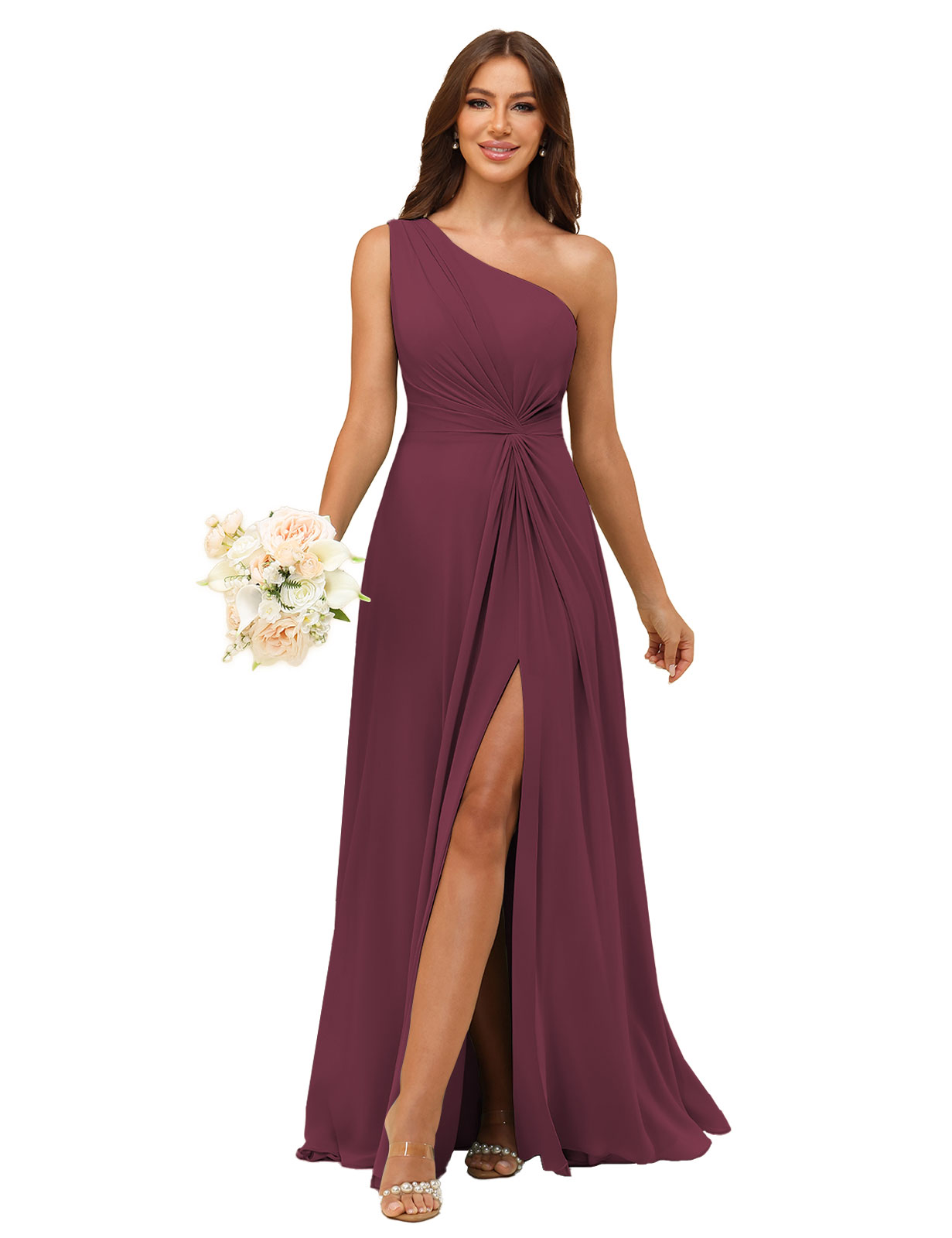 A-line One Shoulder Chiffon Silt Bridesmaid Dress #BM2508033